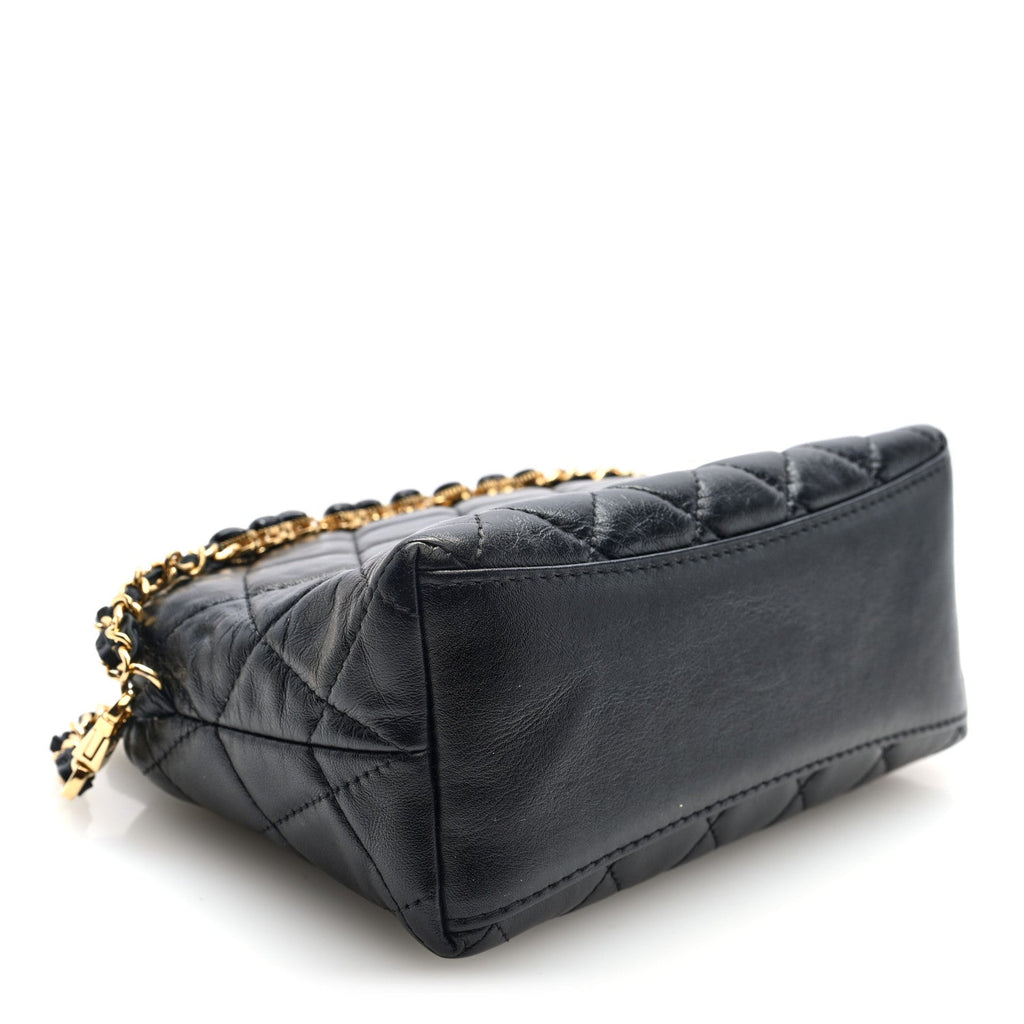 Shiny Crumpled Calfskin Quilted Clutch With Chain Black