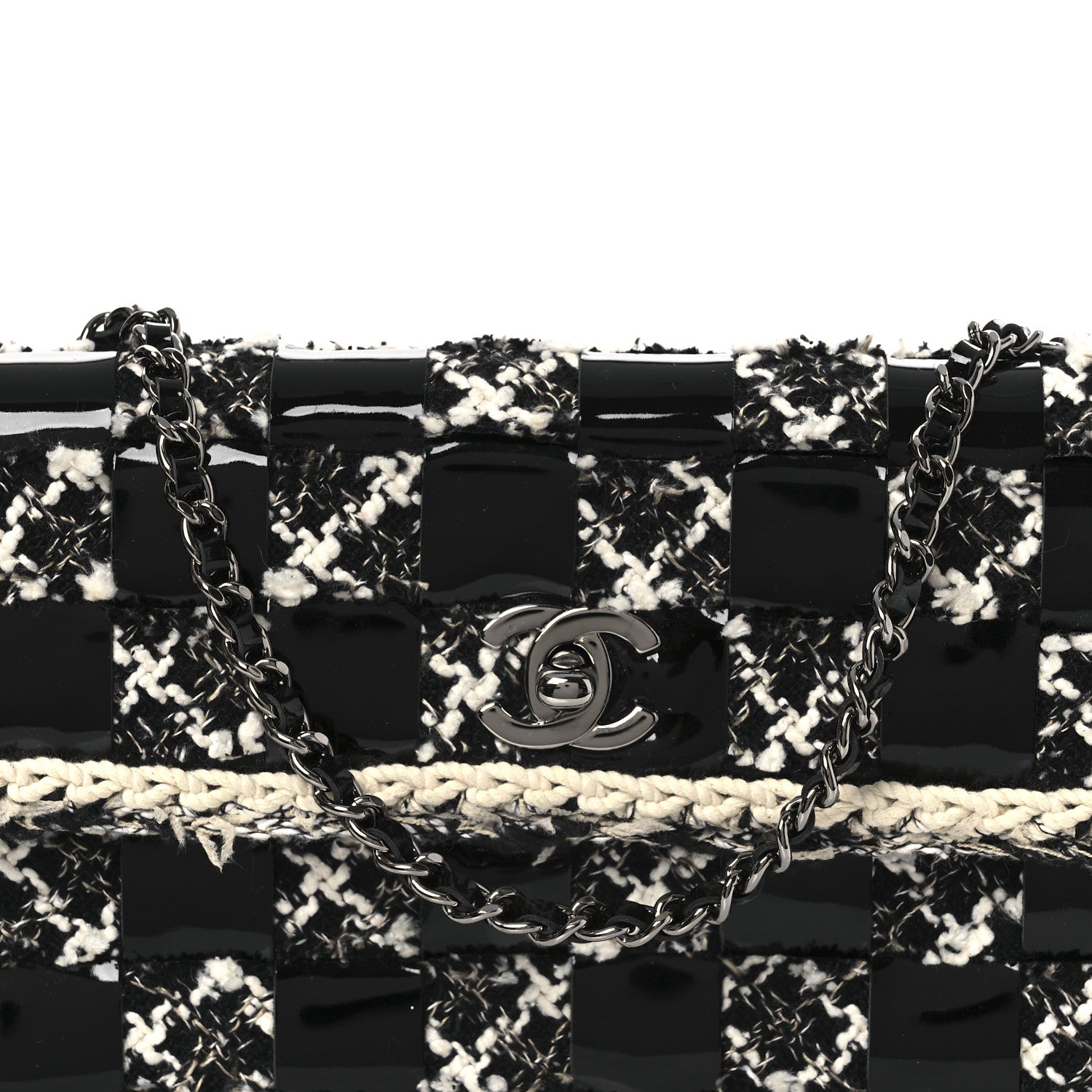 Tweed Patent Quilted Rectangular Flap Black White