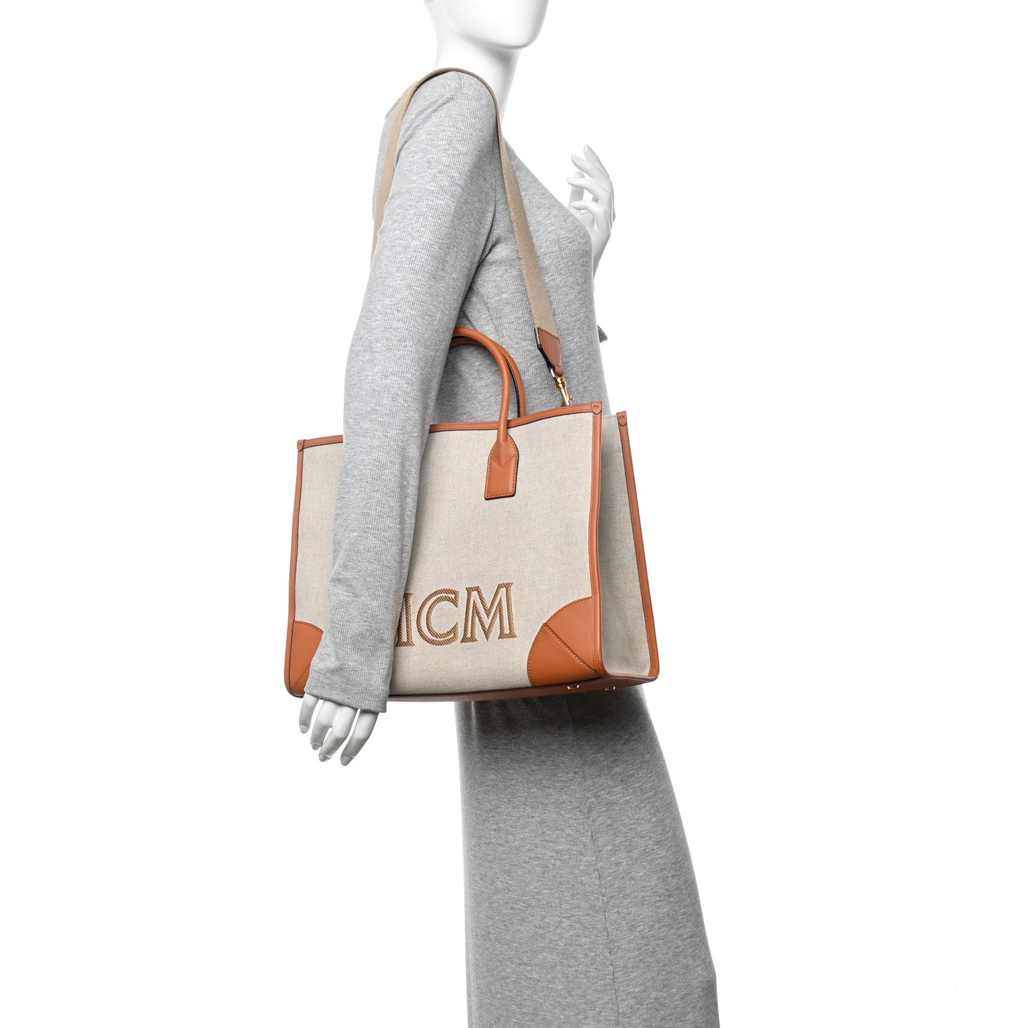 Calfskin Linen Large Munchen Tote Cognac