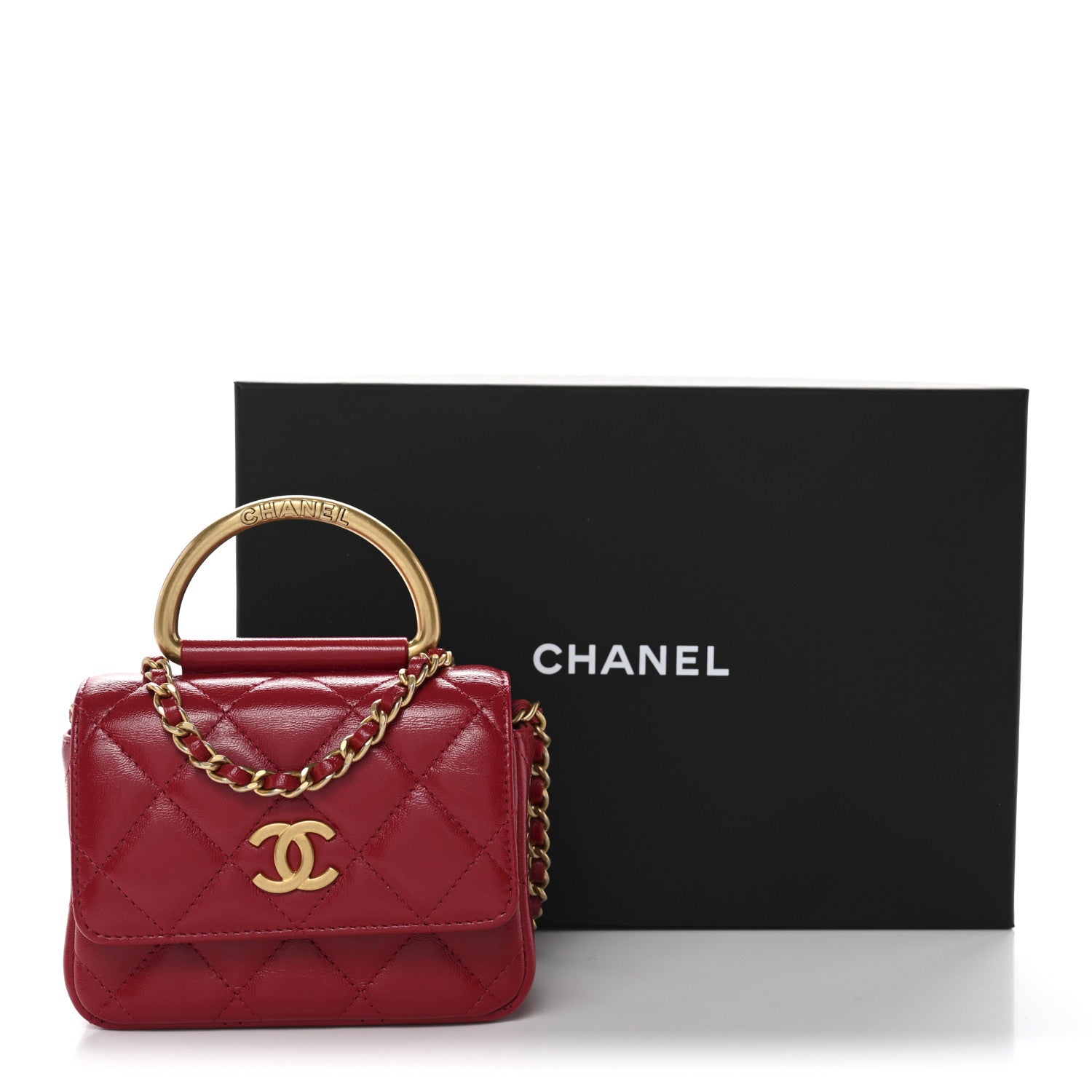 Shiny Lambskin Quilted Mini Metal Top Handle Clutch With Chain  Red