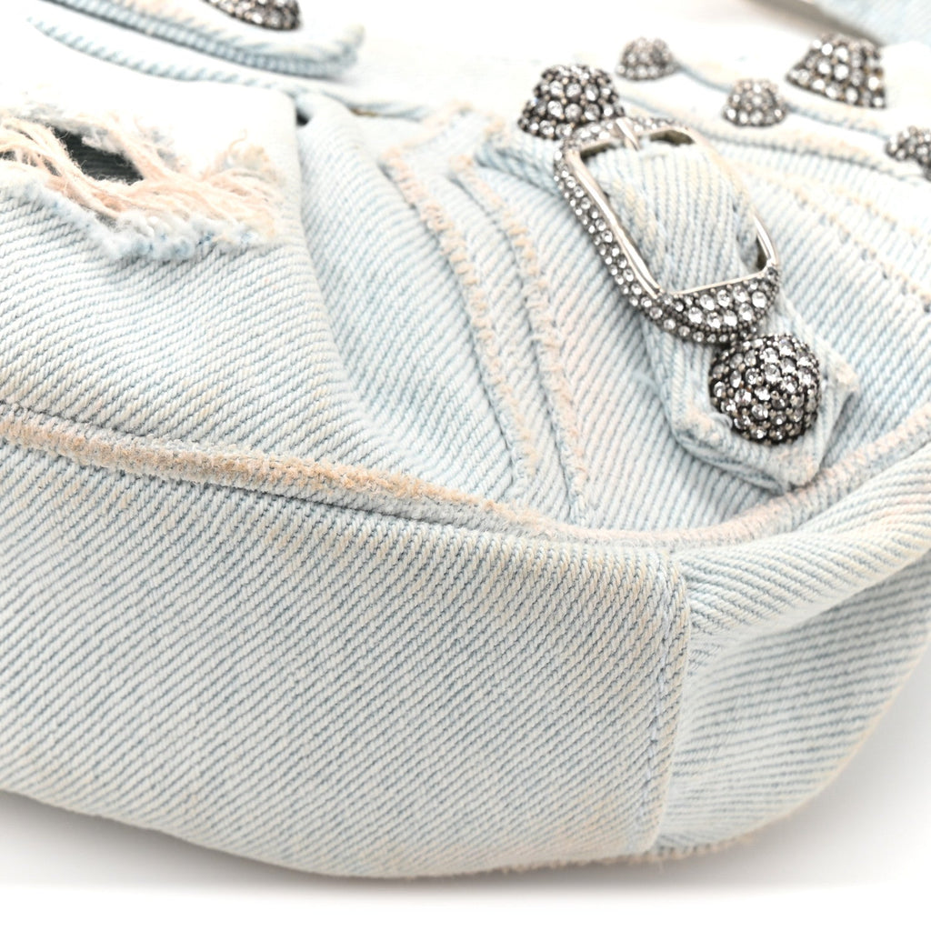 Washed Frayed Denim Crystal XS Le Cagole Shoulder Bag Pale Blue