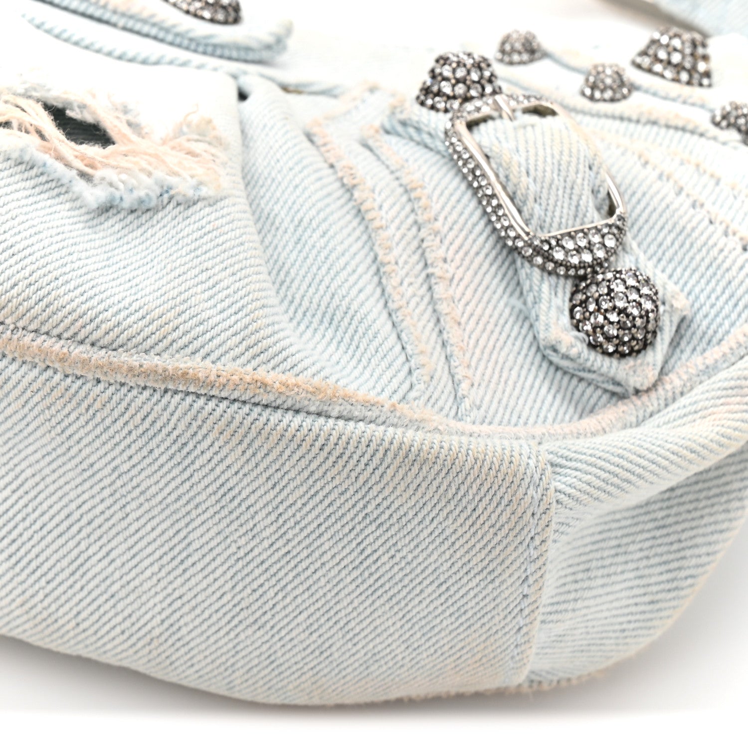 Washed Frayed Denim Crystal XS Le Cagole Shoulder Bag Pale Blue