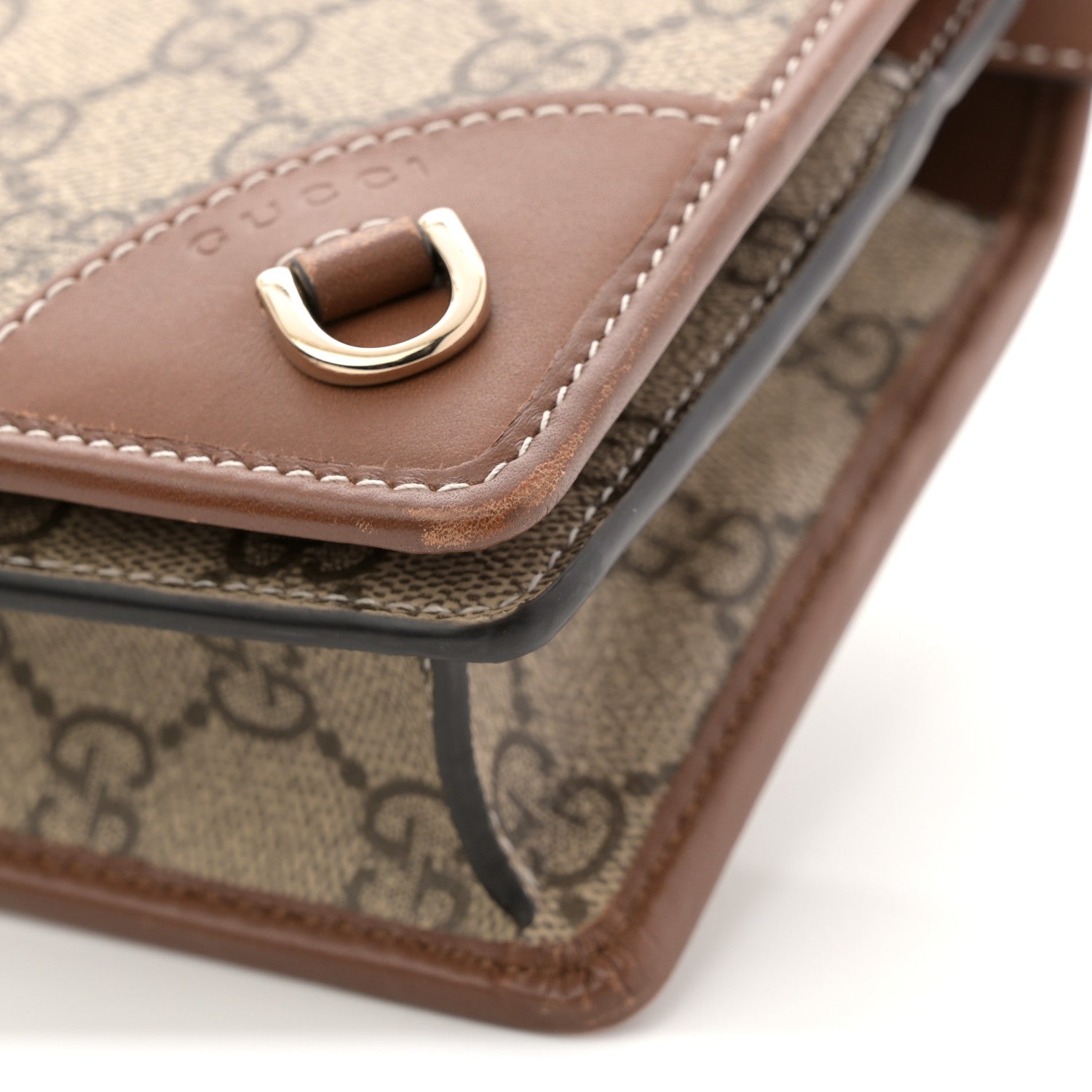 GG Supreme Monogram Textured Calfskin Emblem Super Mini Shoulder Bag Beige Dark Brown