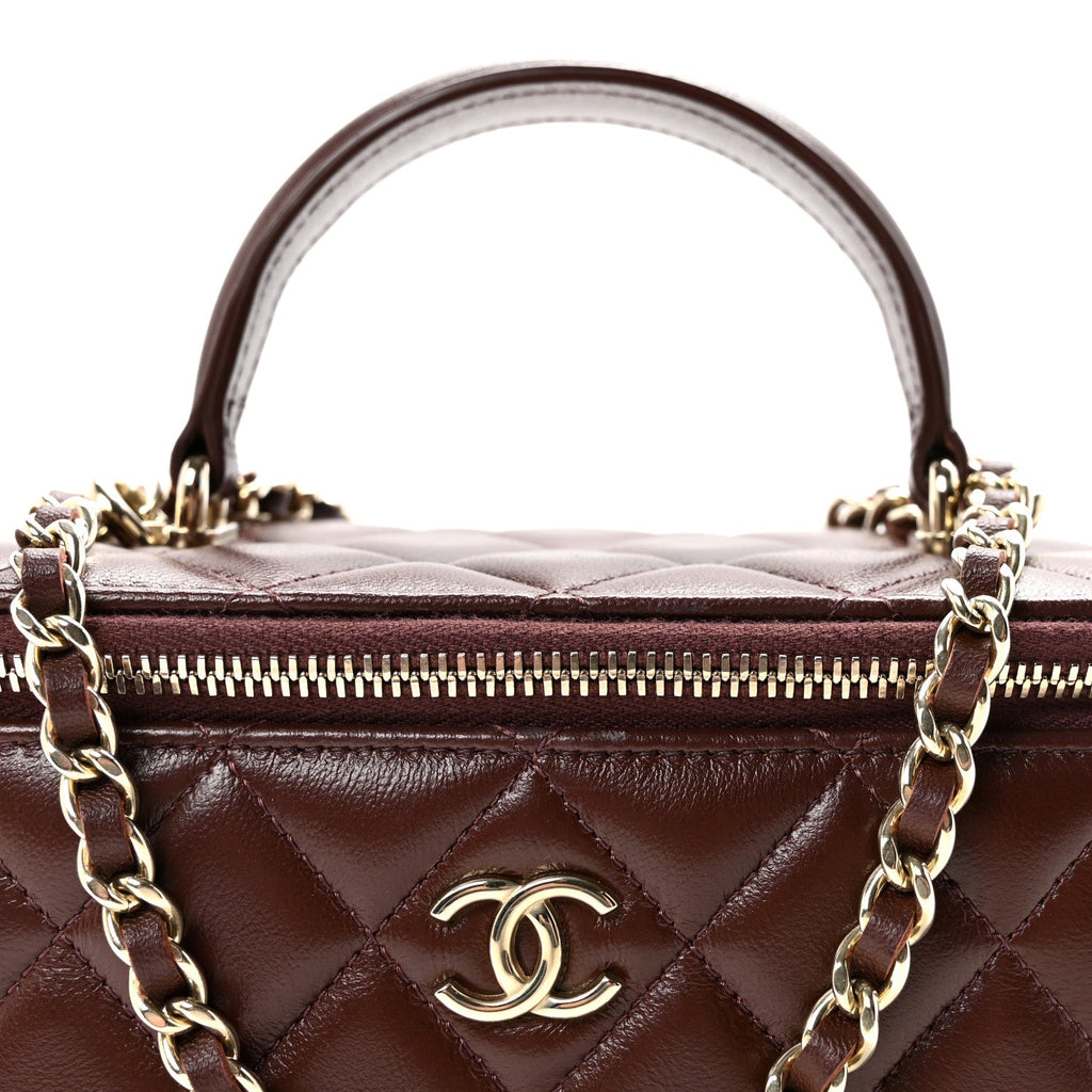 Lambskin Quilted Small Top Handle Vanity Case With Chain Dark Brown