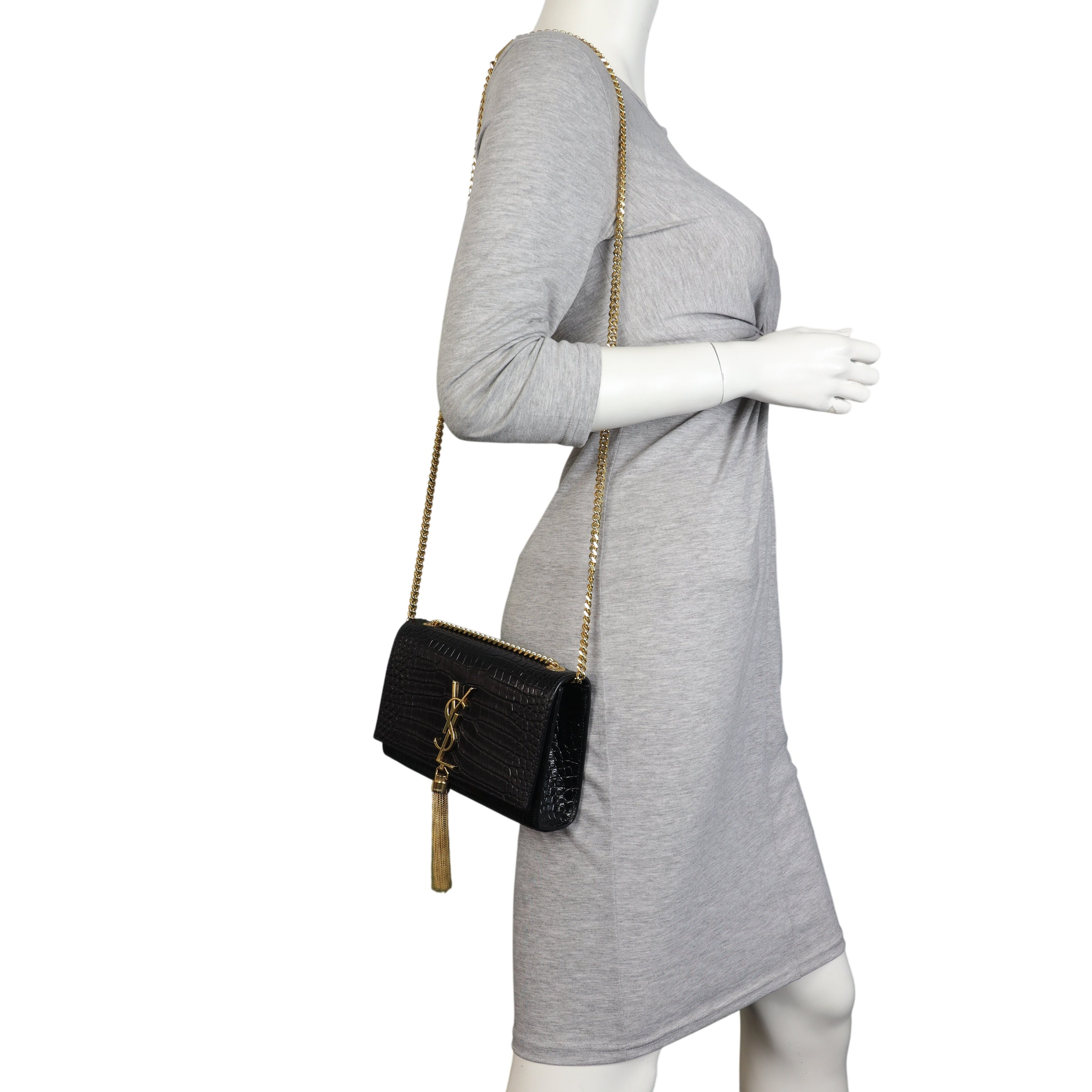 Saint Laurent Kate Tassel Chain Bag Small Croc-Embossed