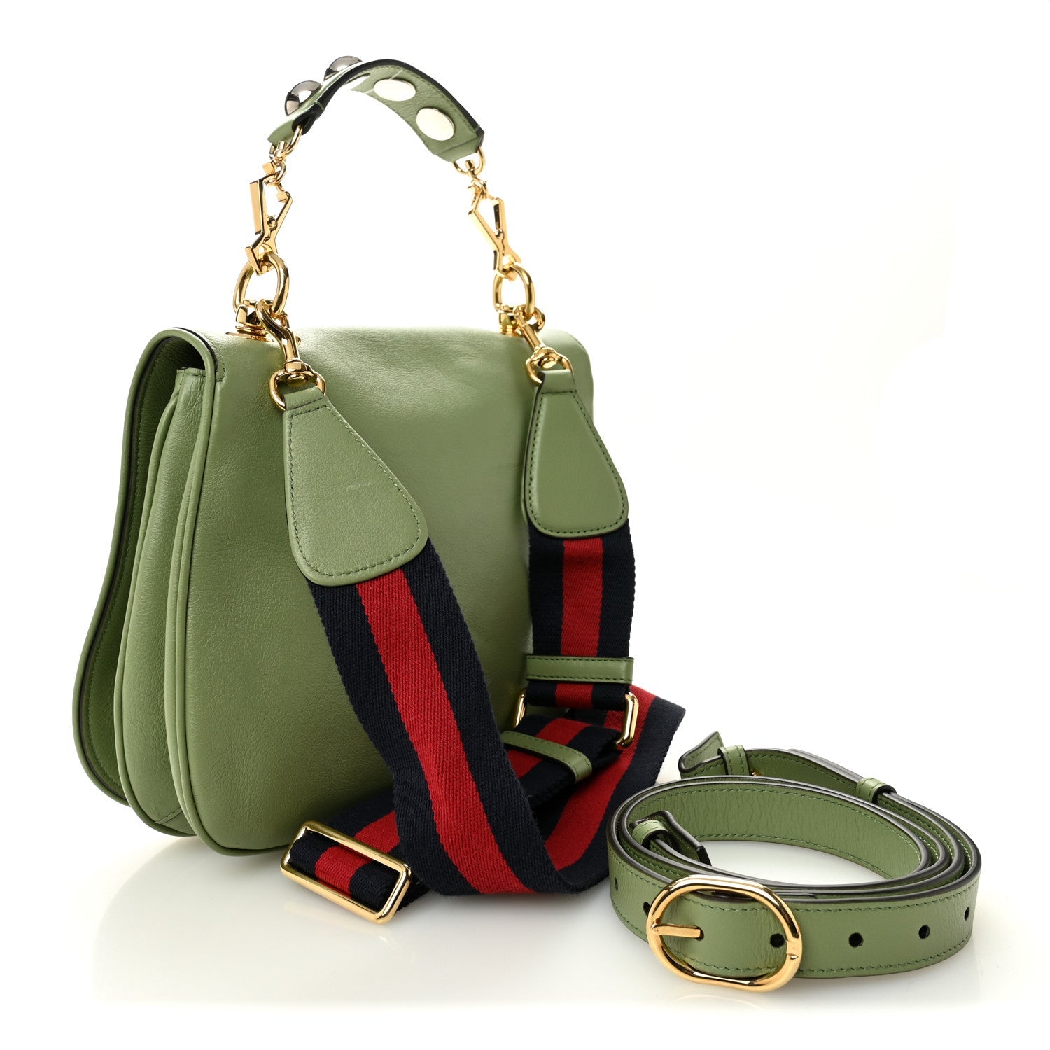 Roxy Calfskin Web Medium Blondie Top Handle Shoulder Flap Bag Salamander Green