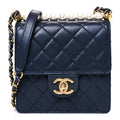 Iridescent Lambskin Quilted Chic Pearls Flap Navy Blue