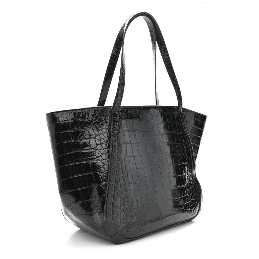 Calfskin Crocodile Embossed Greca Goddess Tote Bag Black
