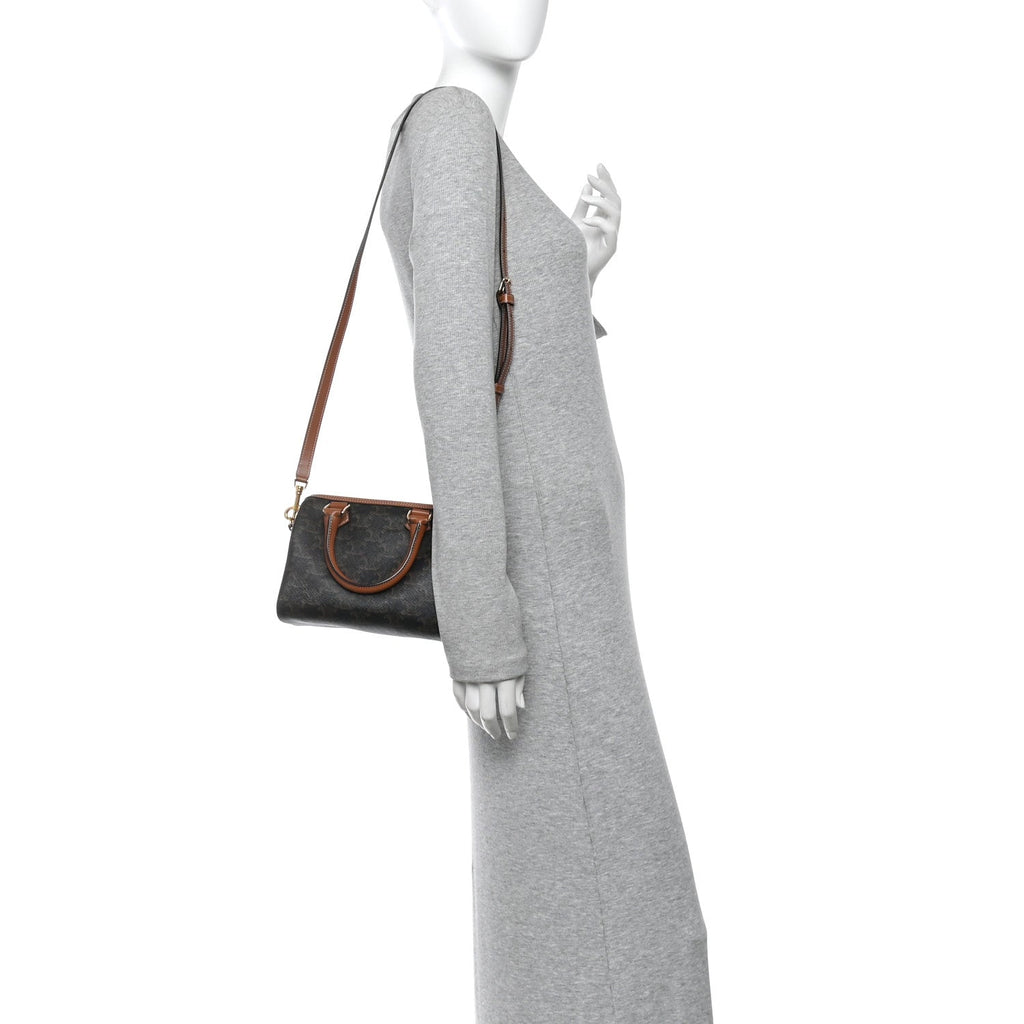 Triomphe Canvas Calfskin Small Boston Bag Tan