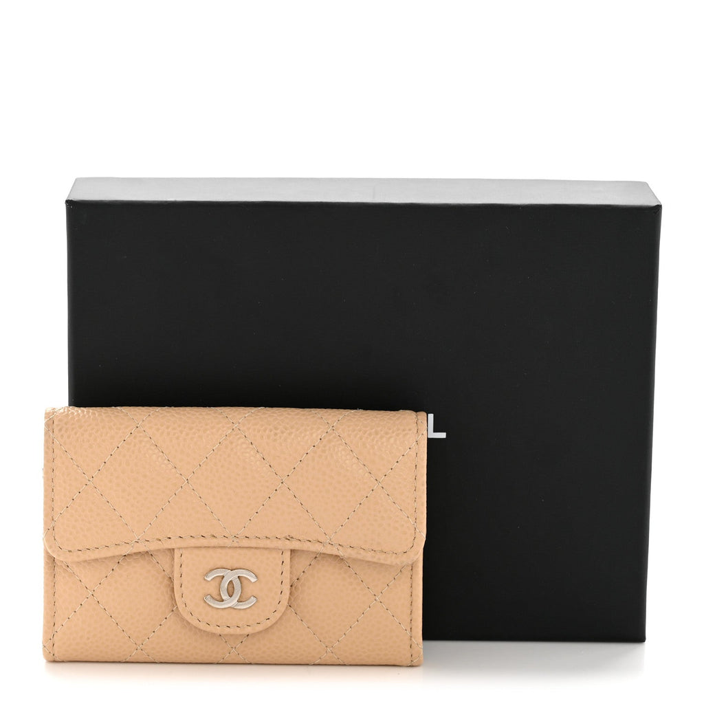 Caviar Quilted Flap  Holder Wallet Beige