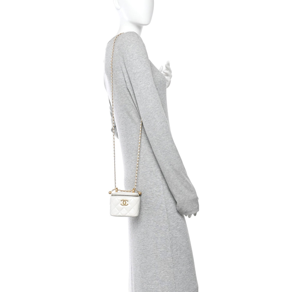Calfskin Quilted Mini Perfect Fit Vanity Case With Chain White
