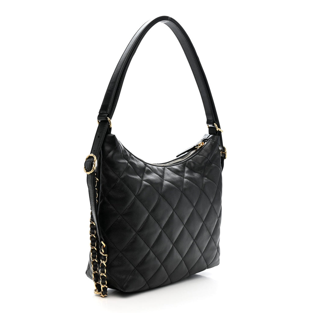 Lambskin Quilted Maxi Hobo Black