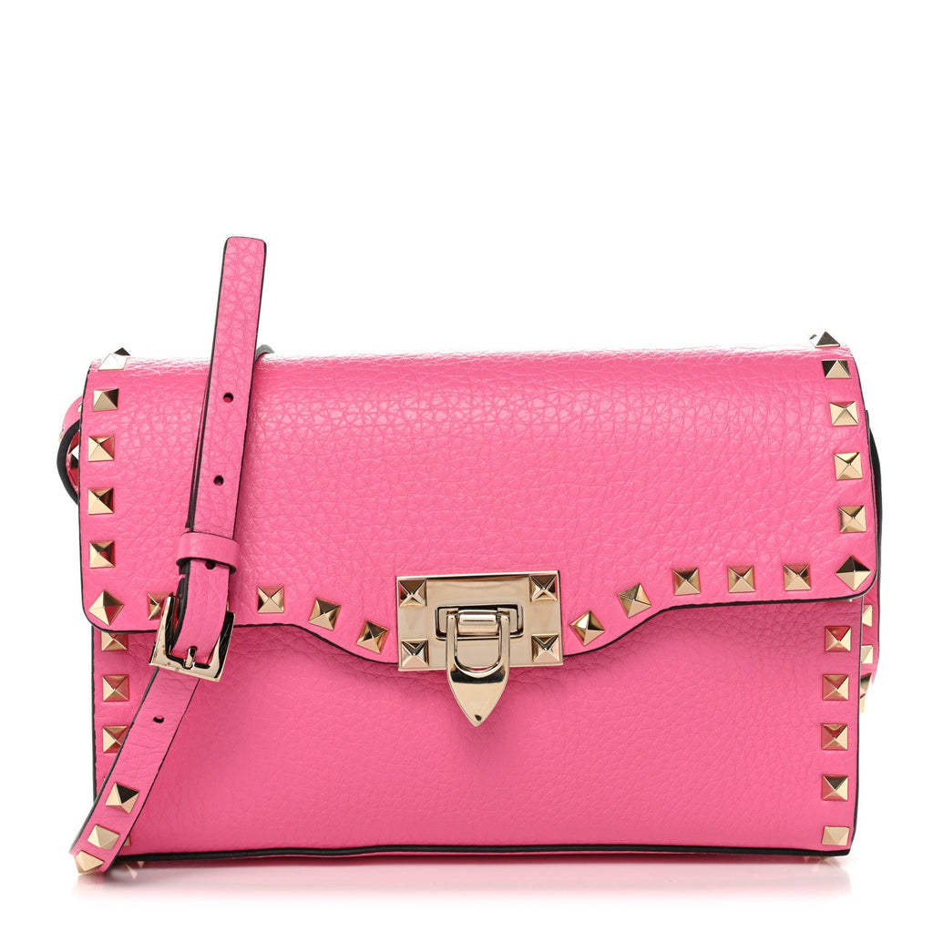 Pebbled Calfskin Medium Rockstud Flip Lock Crossbody Bag Feminine Pink