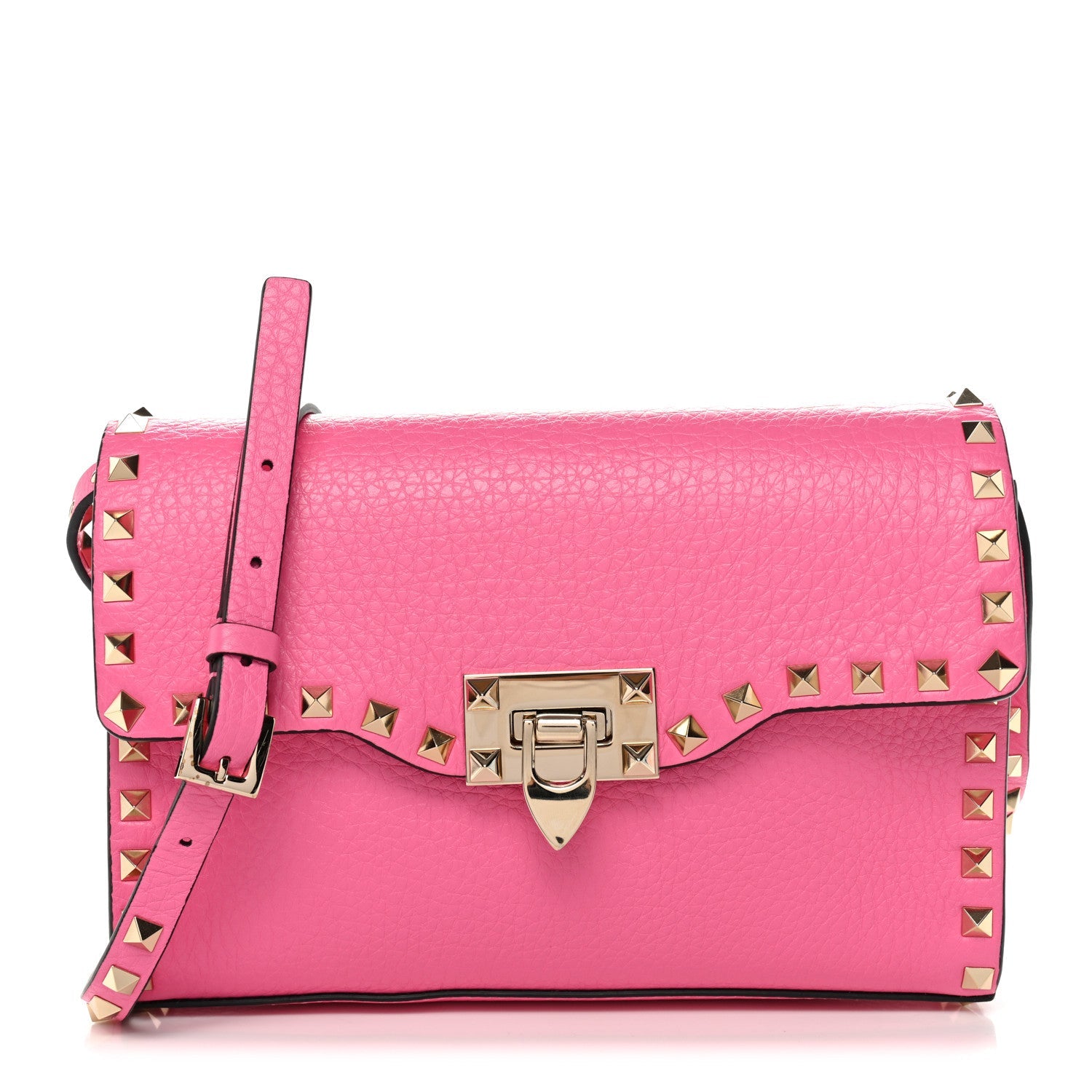 Pebbled Calfskin Medium Rockstud Flip Lock Crossbody Bag Feminine Pink