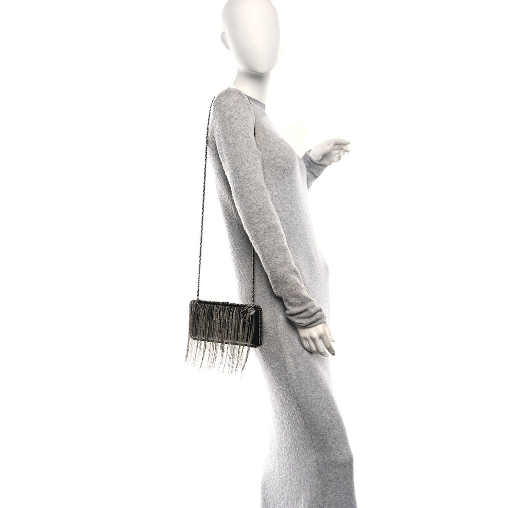 Lambskin Chain Fringe Clutch With Chain  Black