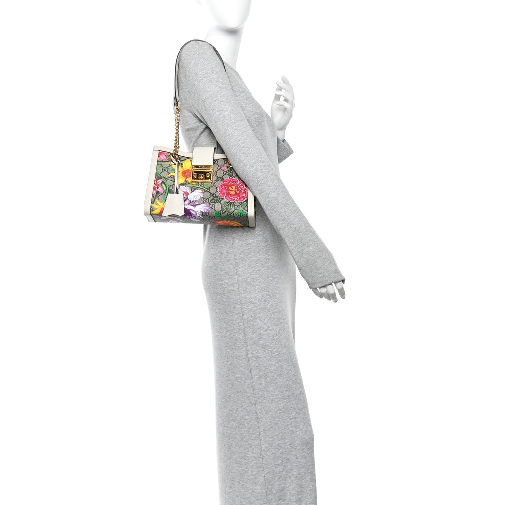 GG Supreme Monogram Flora Textured Calfskin Small Padlock Tote Beige Ebony Multicolor Mystic White