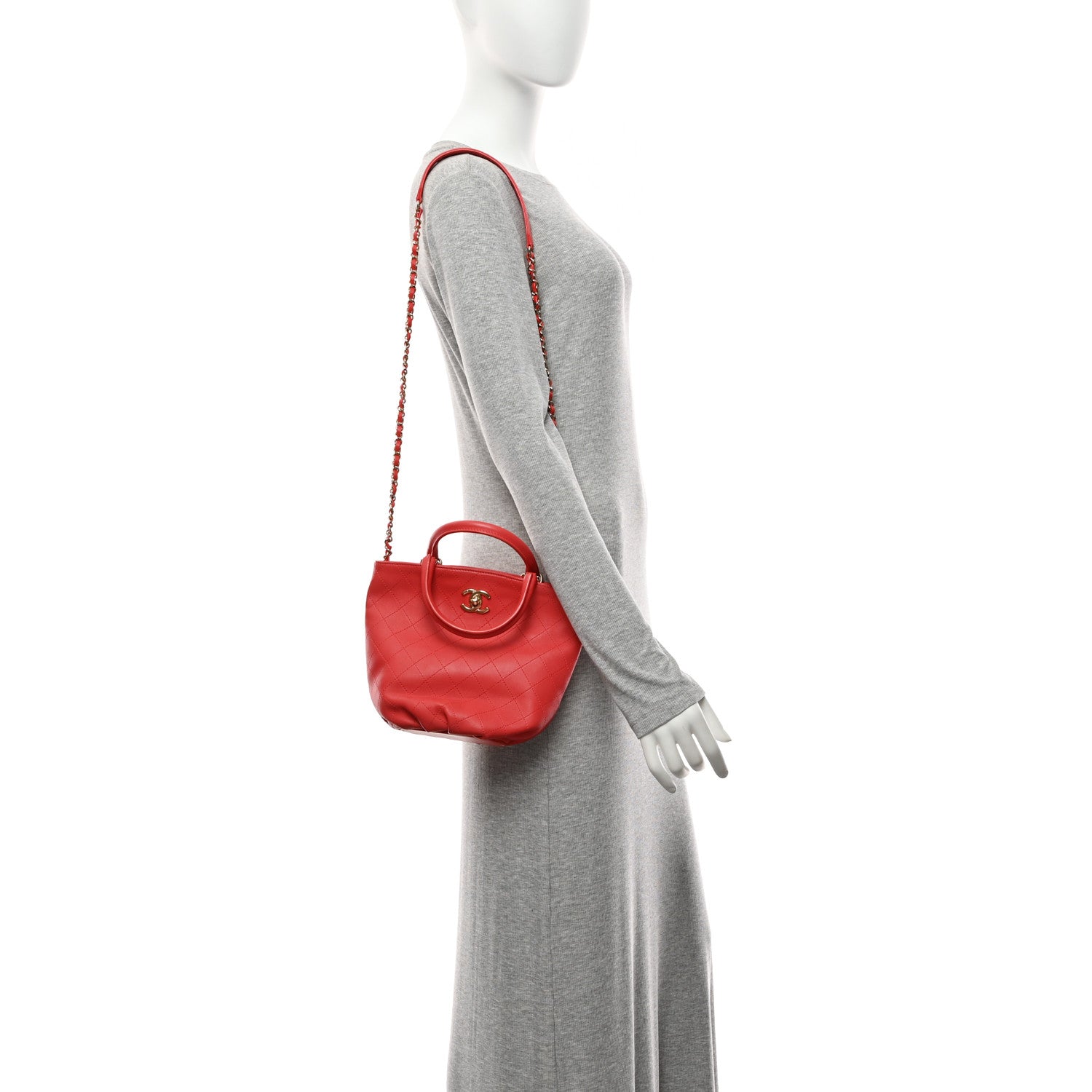 Calfskin Stitched Chain Bucket Bag Coral