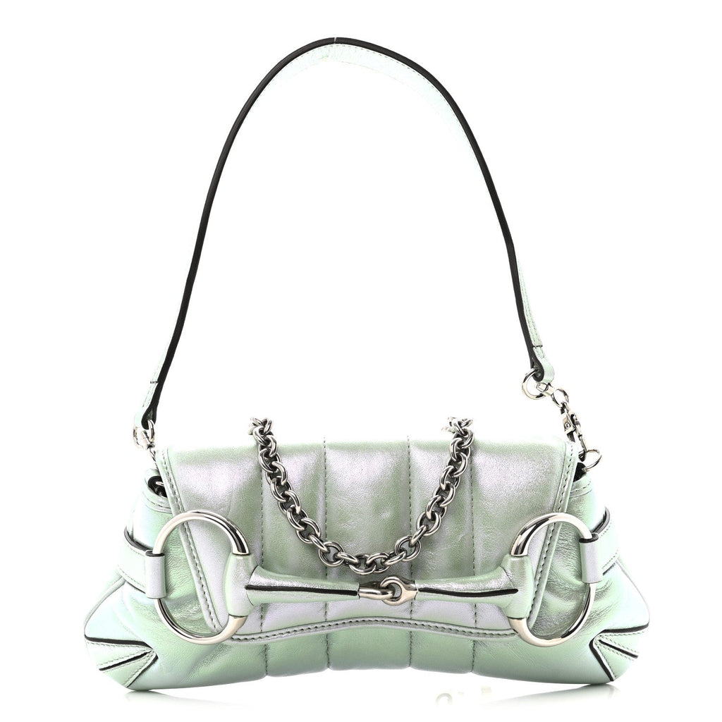Iridescent Nappa Vertical Matelasse Medium Maxi Horsebit Chain Shoulder Bag Iridescent Salvy Green