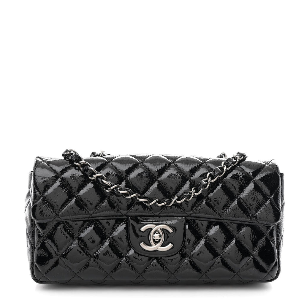 Crinkled Patent Quilted East West Flap Black