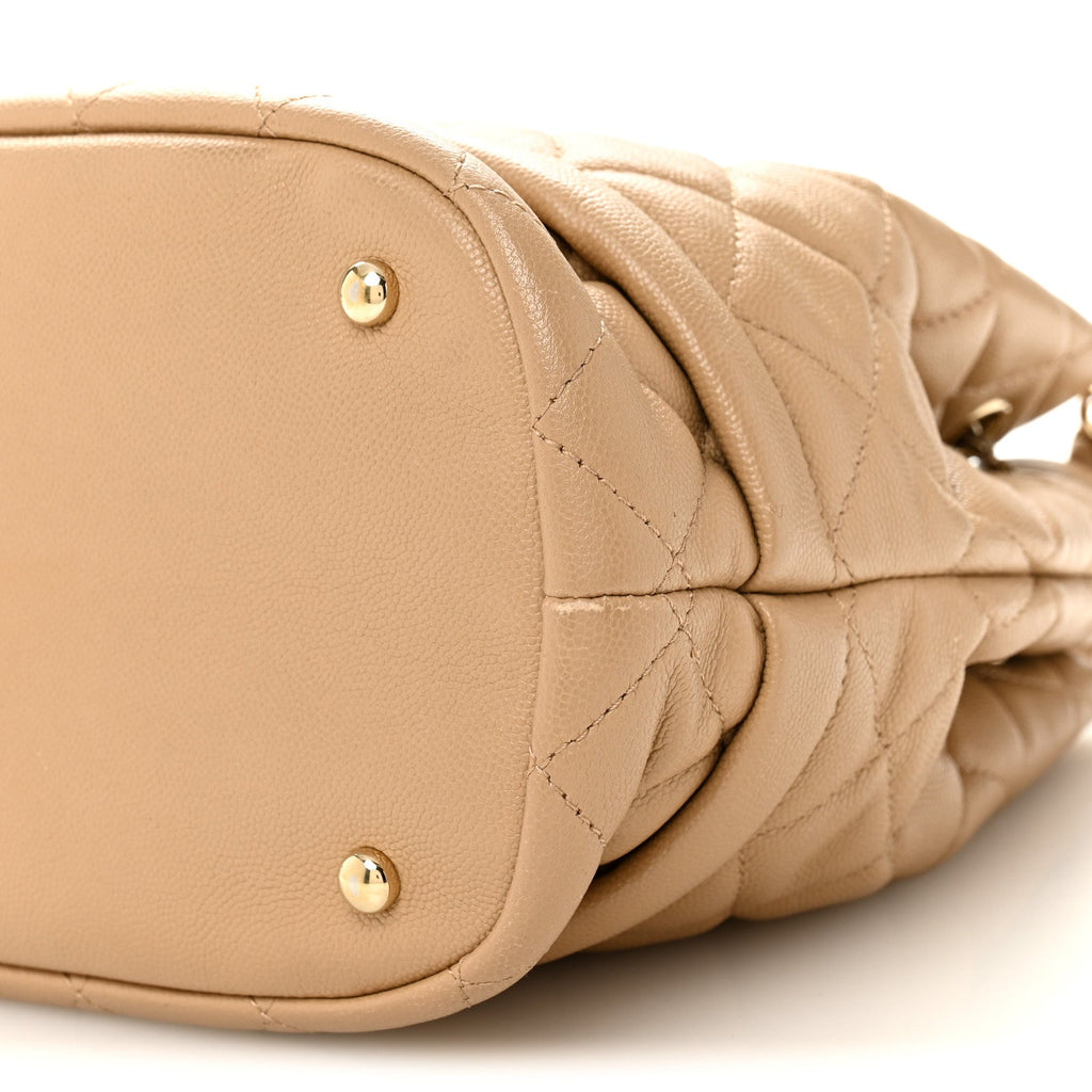 Caviar Quilted Large Rolled Up Bucket Drawstring Bag Beige