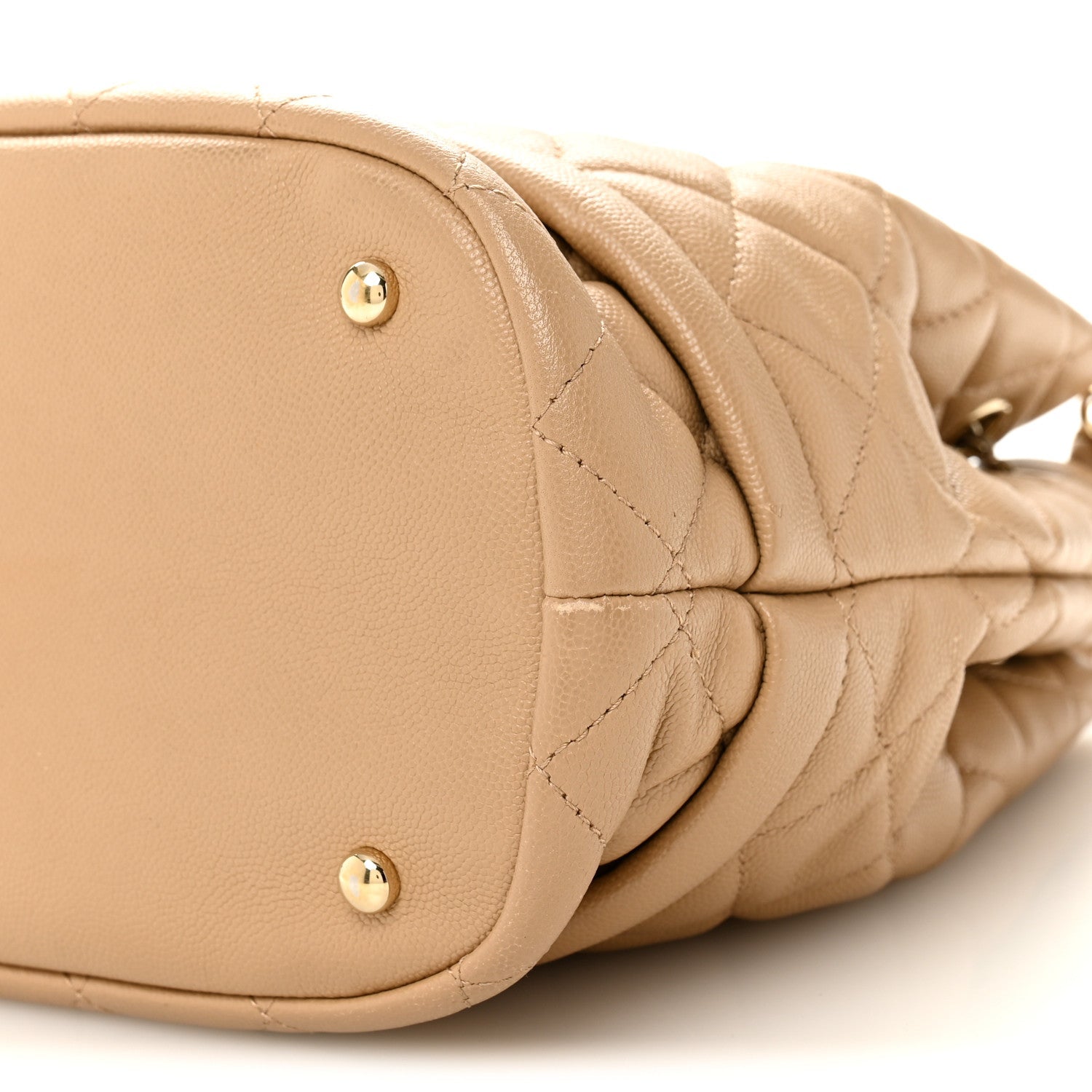 Caviar Quilted Large Rolled Up Bucket Drawstring Bag Beige