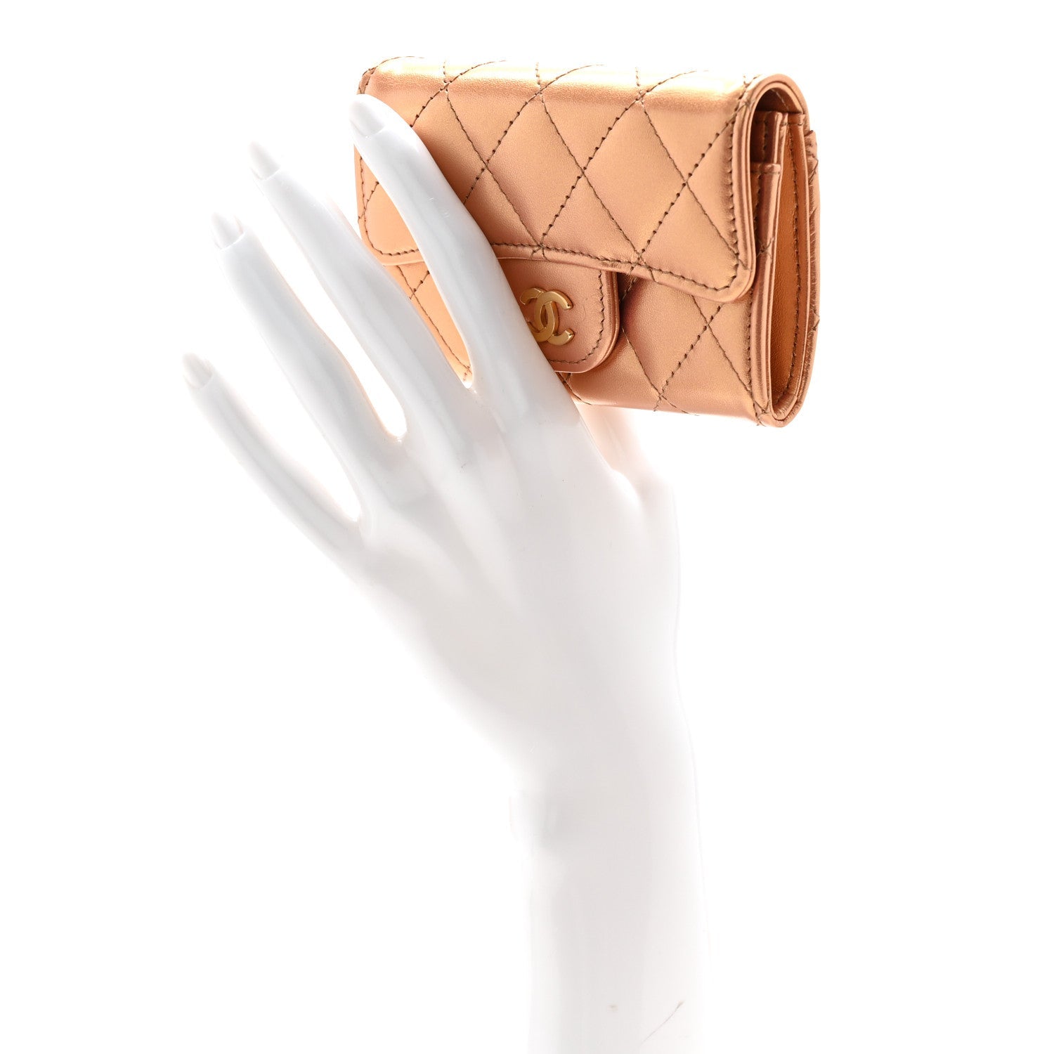 Metallic Lambskin Quilted Flap  Holder Wallet Golden