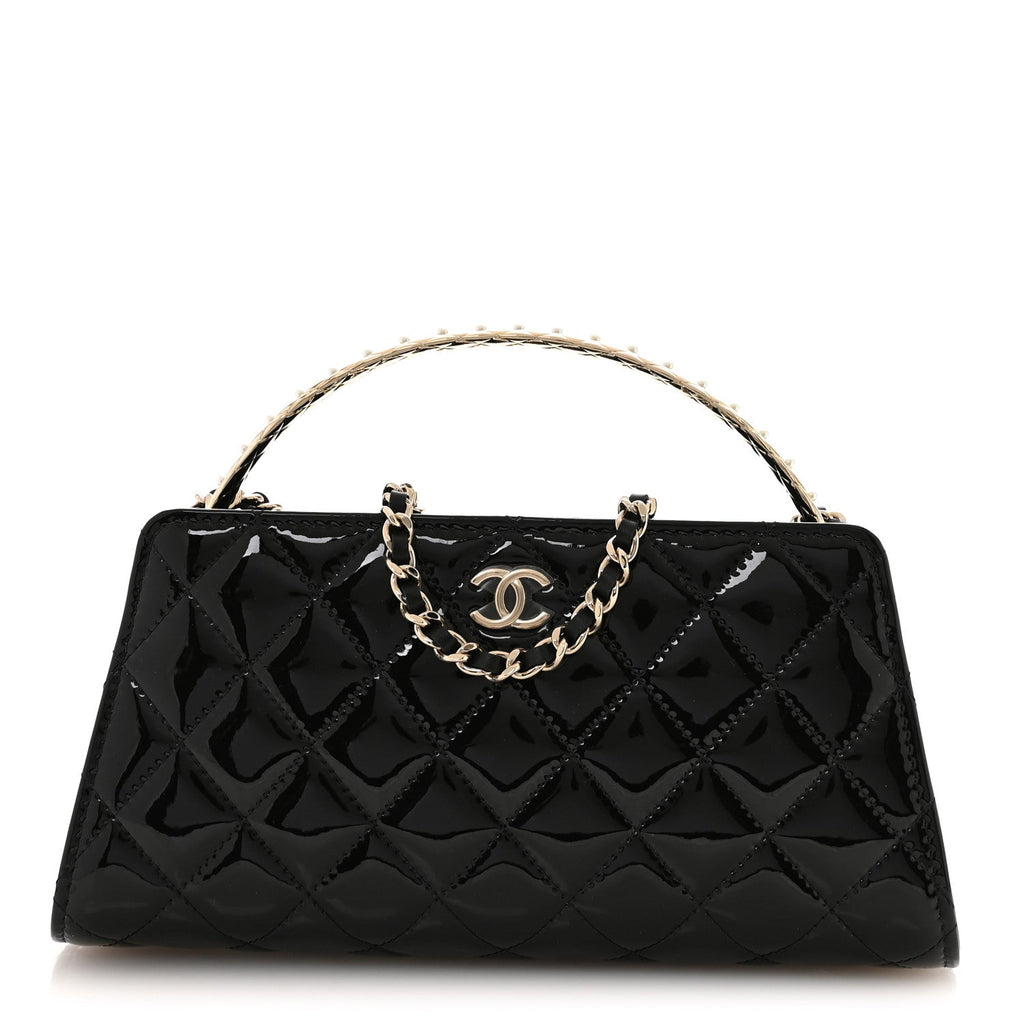 Patent Calfskin Quilted Pearl Clutch With Chain Black