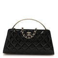 Patent Calfskin Quilted Pearl Clutch With Chain Black