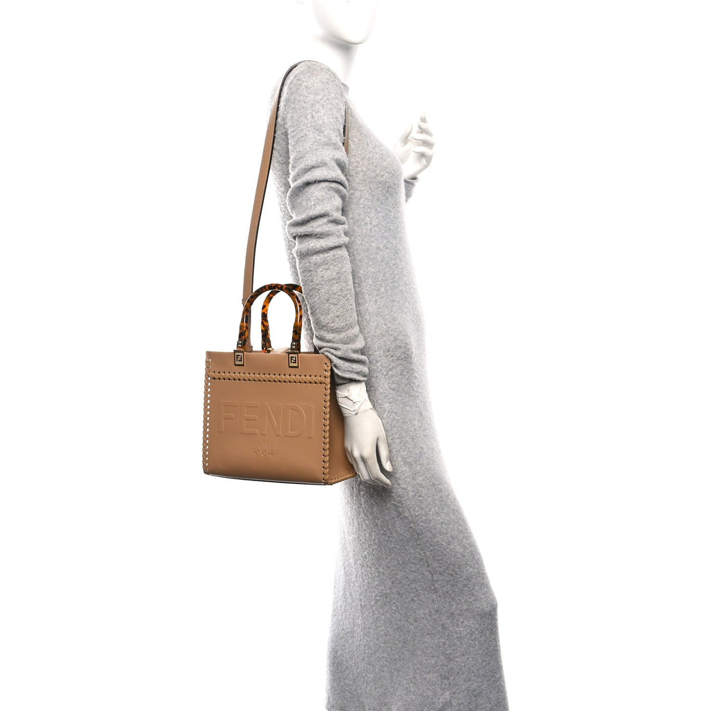 Vitello King Ceylon Plexiglass Woven Logo Debossed Small Fendi Sunshine Shopper Tote Miele Scuro