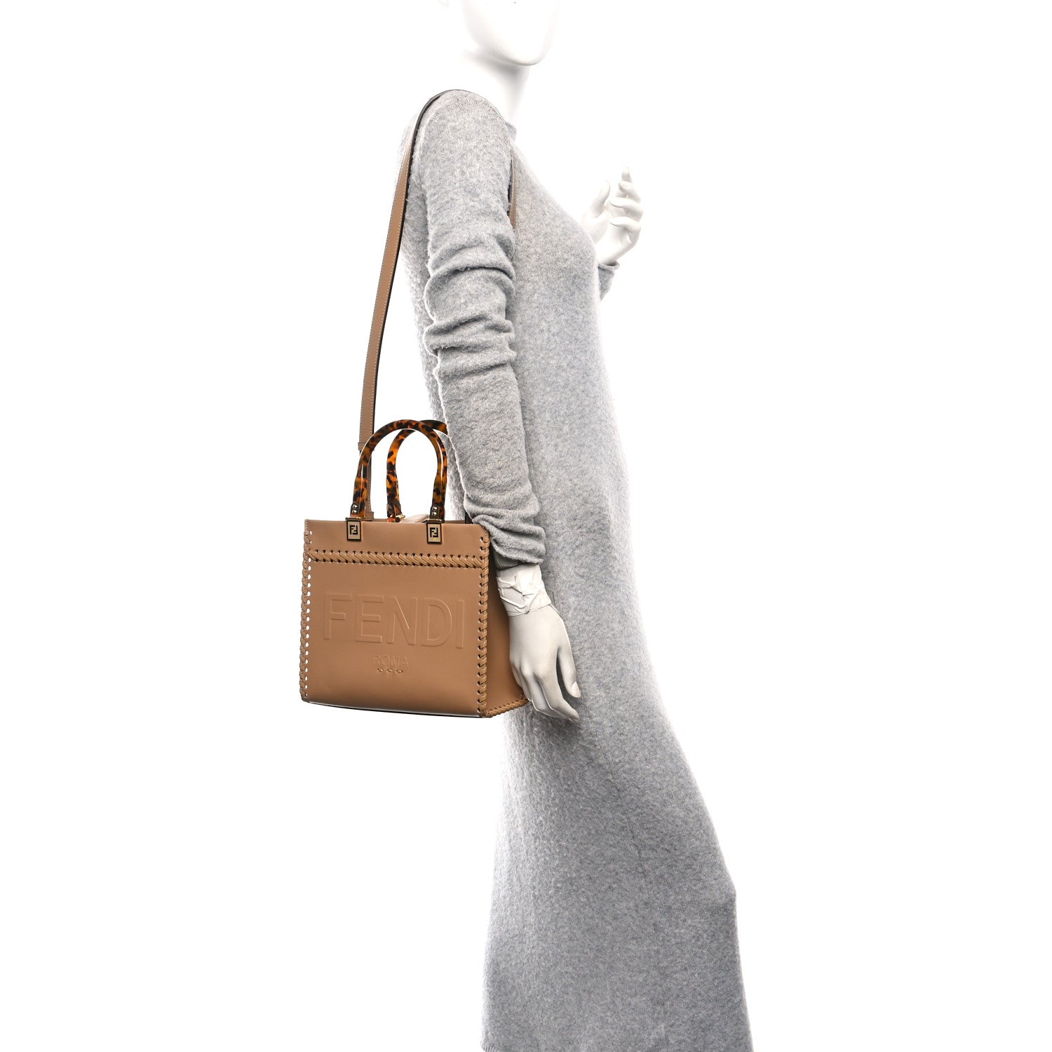 Vitello King Ceylon Plexiglass Woven Logo Debossed Small Fendi Sunshine Shopper Tote Miele Scuro