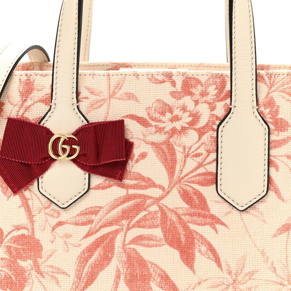 Canvas Herbarium Print Ribbon Top Handle Bag Pink White