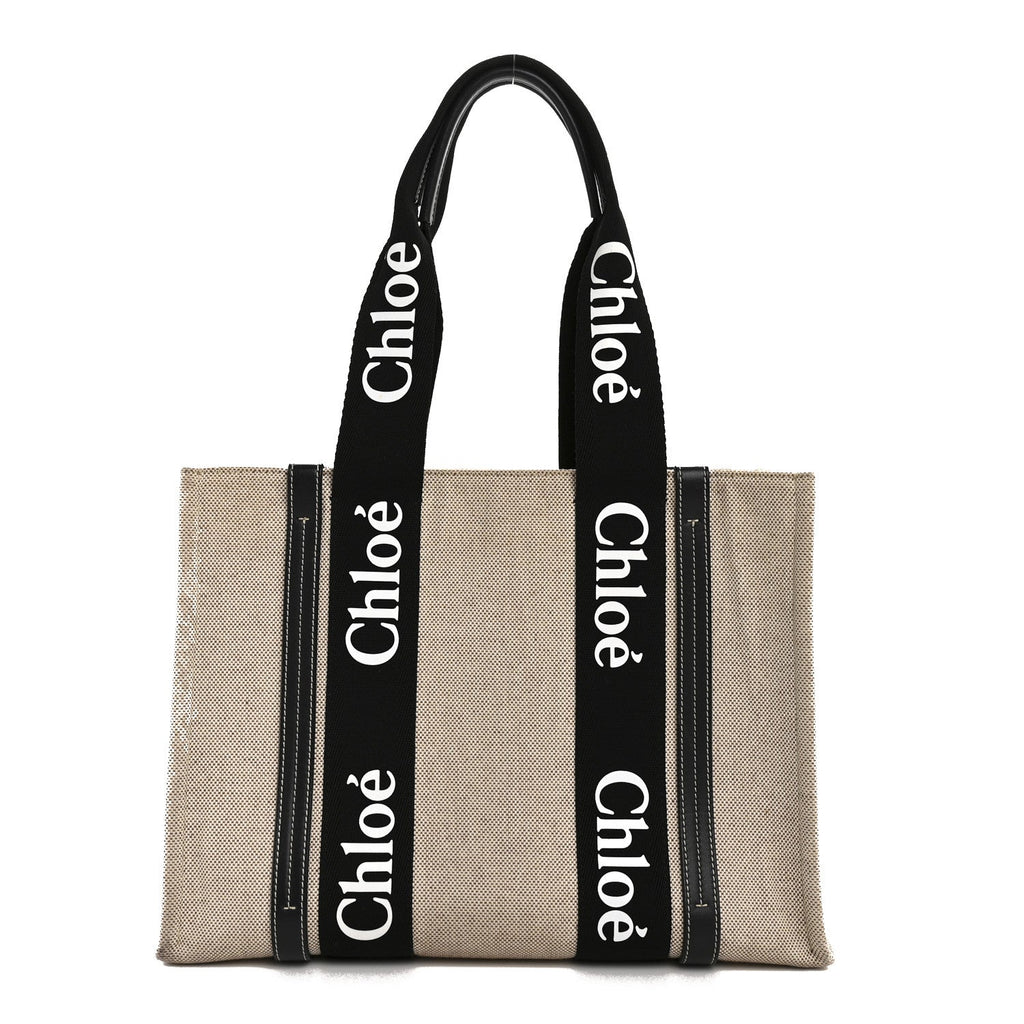 Linen Calfskin Medium Woody Ribbon Tote Black Blue