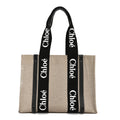 Linen Calfskin Medium Woody Ribbon Tote Black Blue