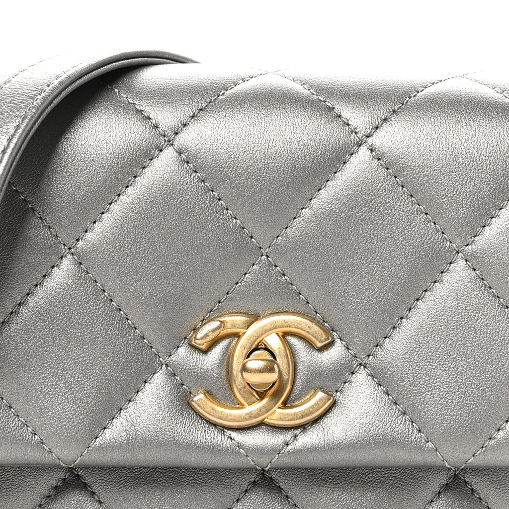 Metallic Lambskin Quilted Mini Side Note Flap Grey
