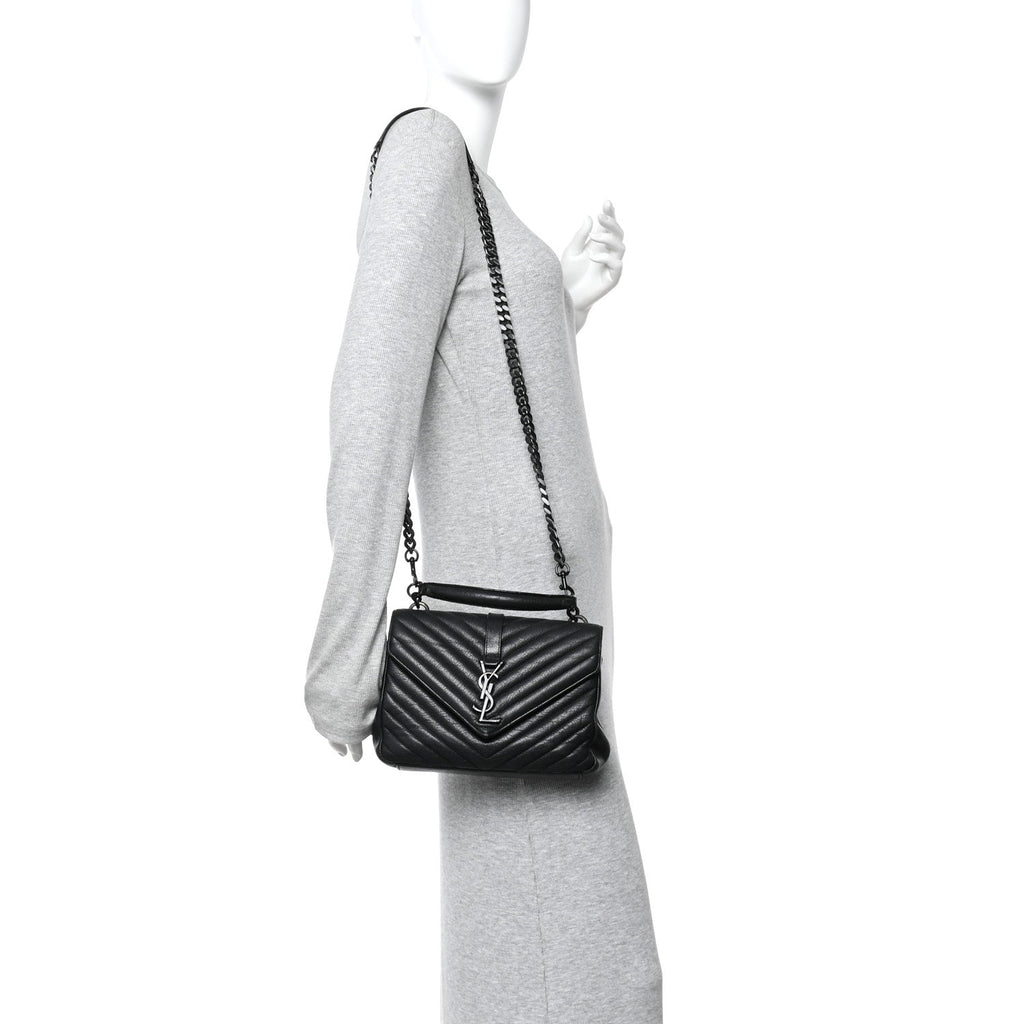 Sheepskin Matelasse Chevron Monogram Monochrome Medium College Bag Black
