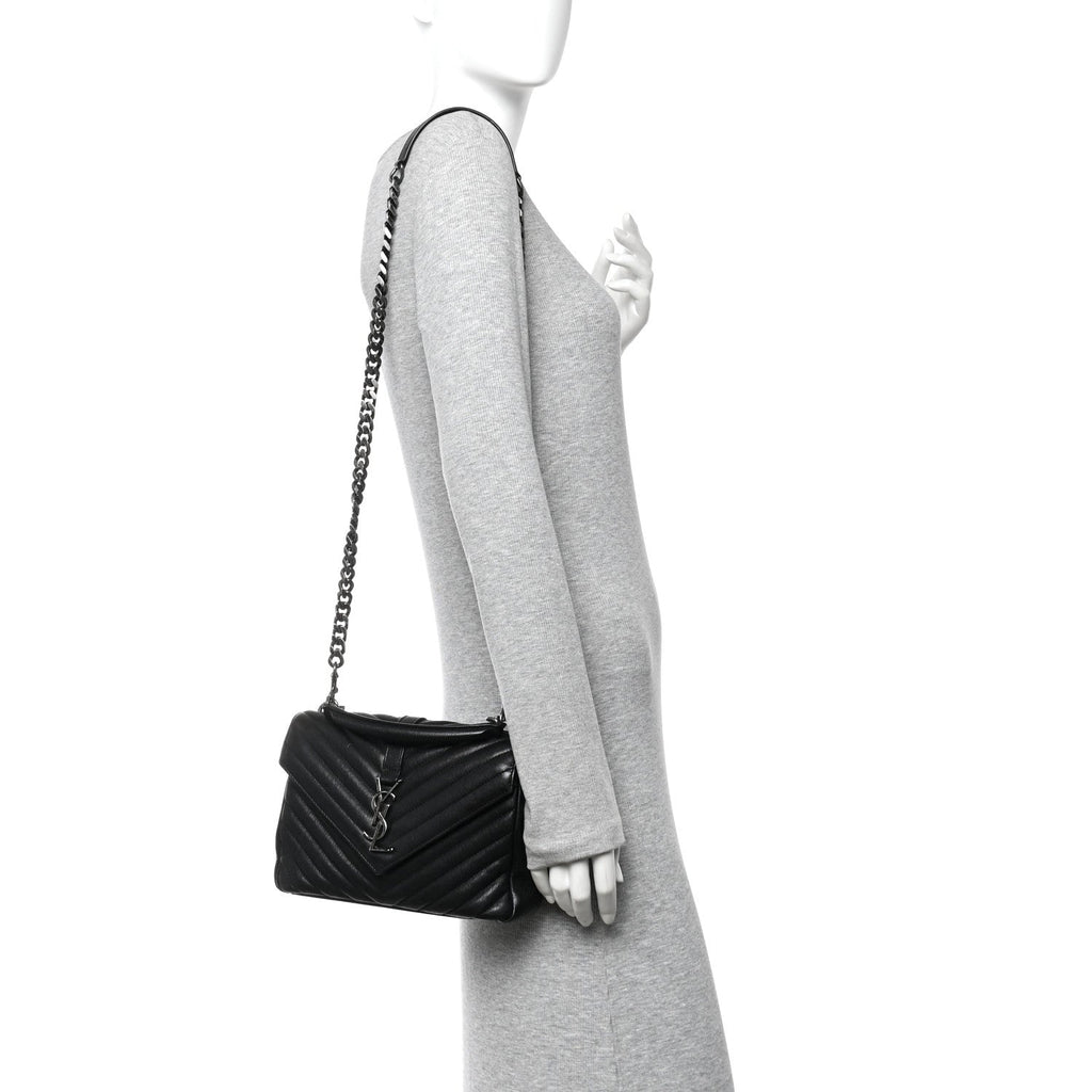 Sheepskin Matelasse Chevron Monogram Medium College Bag Black