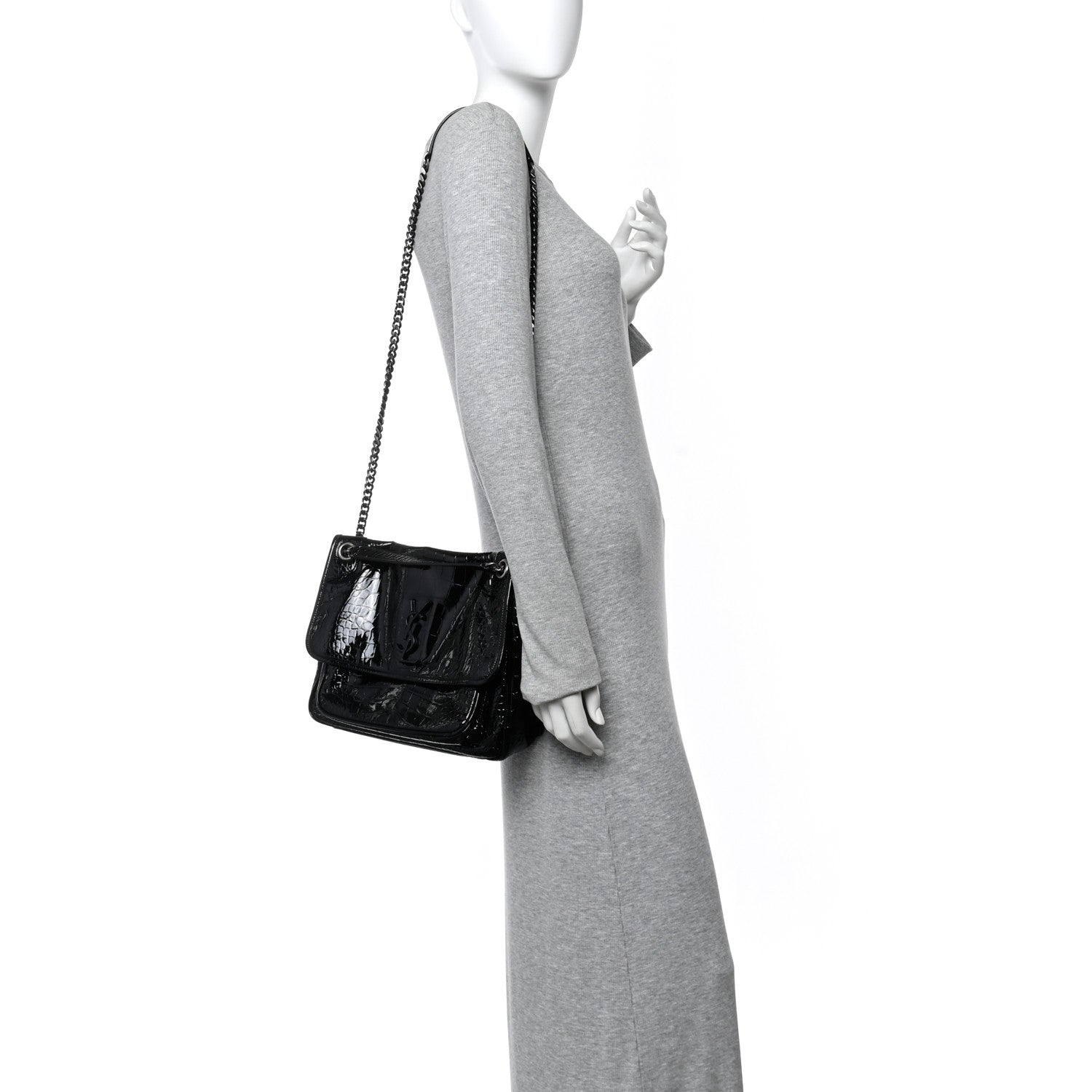 Patent Crocodile Embossed Lambskin Monogram Medium Niki Chain Satchel Black