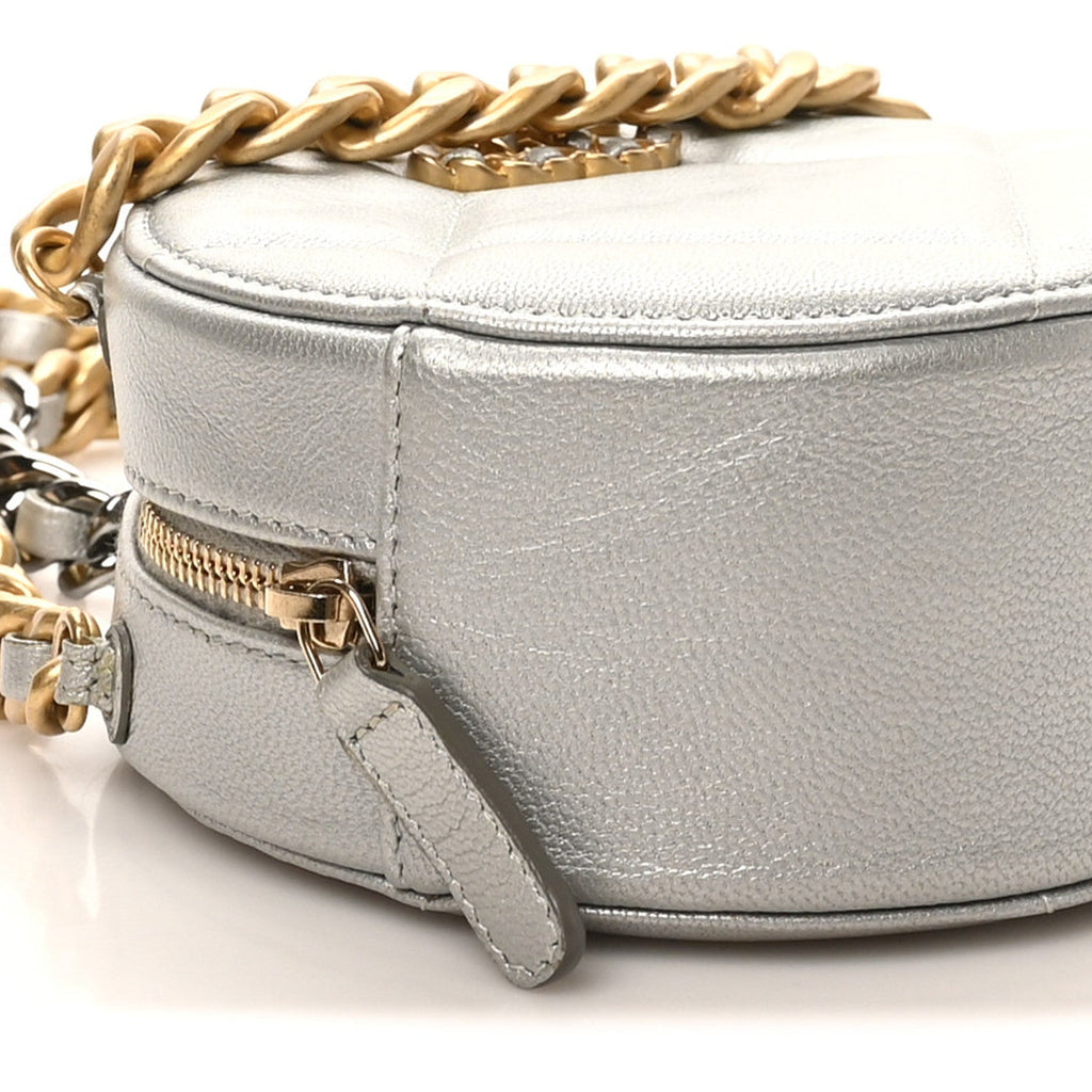 Metallic Lambskin Quilted Chanel 19 Round Clutch With Chain Silver