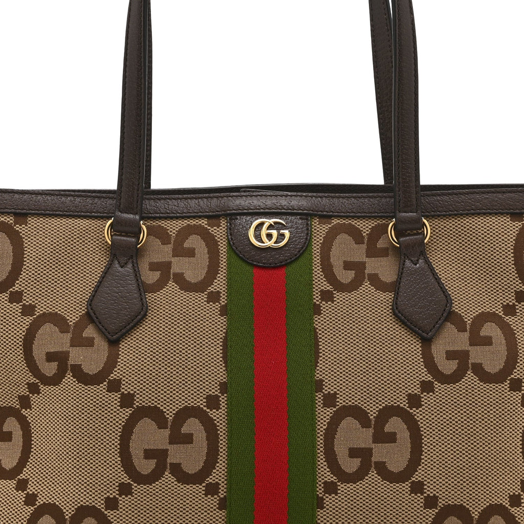 Monogram Jumbo GG Textured Dollar Calfskin Web Medium Ophidia Shopping Tote Camel Ebony