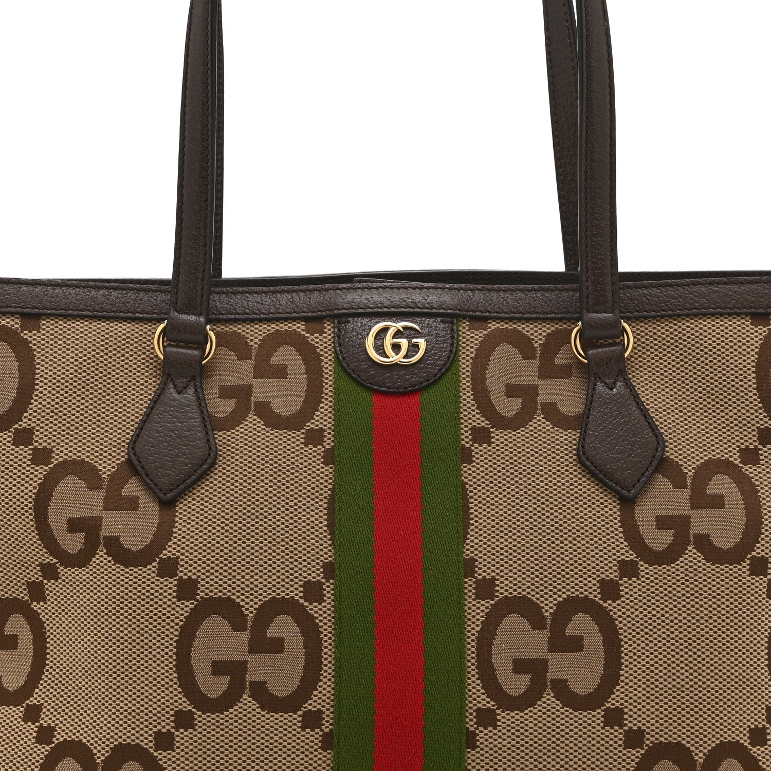 Monogram Jumbo GG Textured Dollar Calfskin Web Medium Ophidia Shopping Tote Camel Ebony