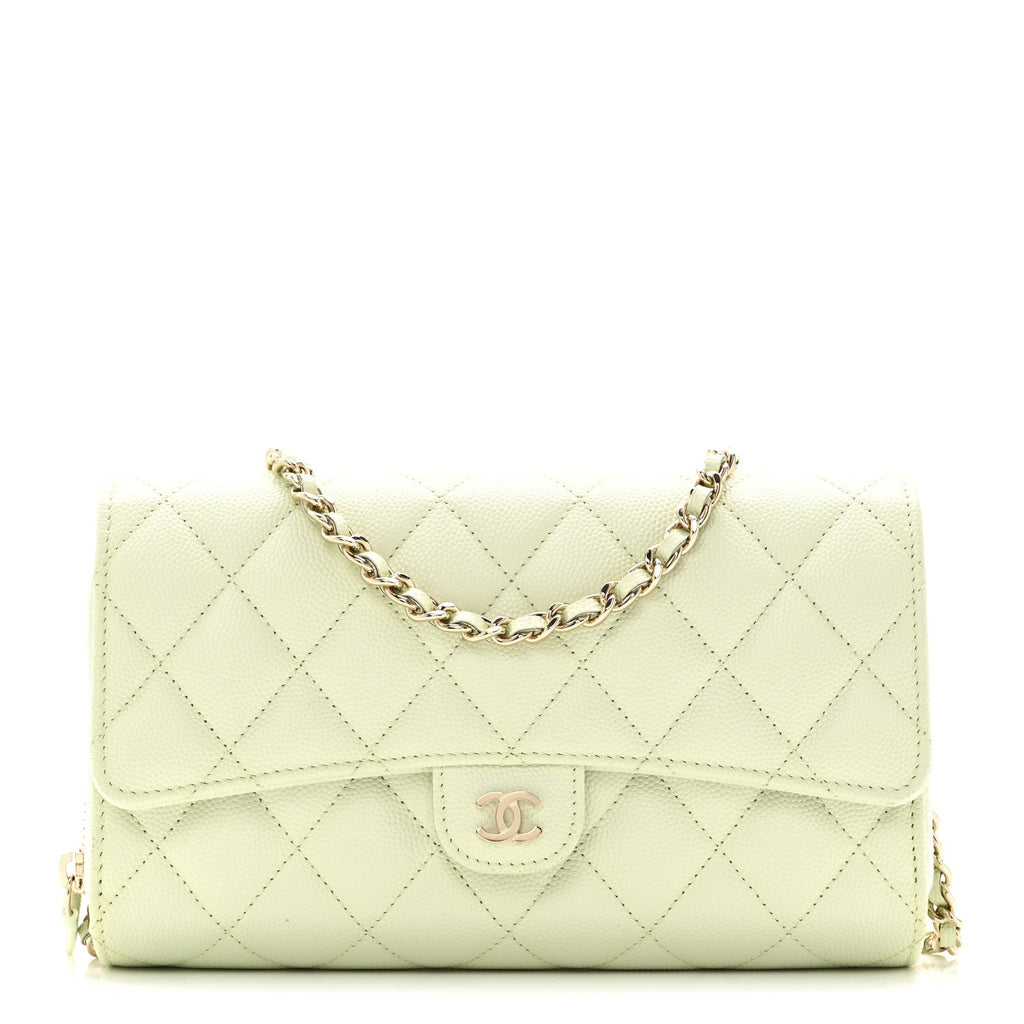 Caviar Quilted Phone Holder Wallet on Removable Chain Light Green