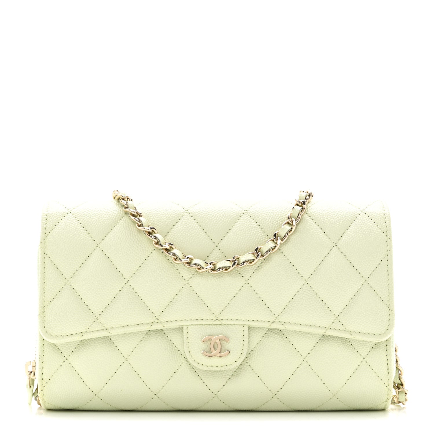 Caviar Quilted Phone Holder Wallet on Removable Chain Light Green