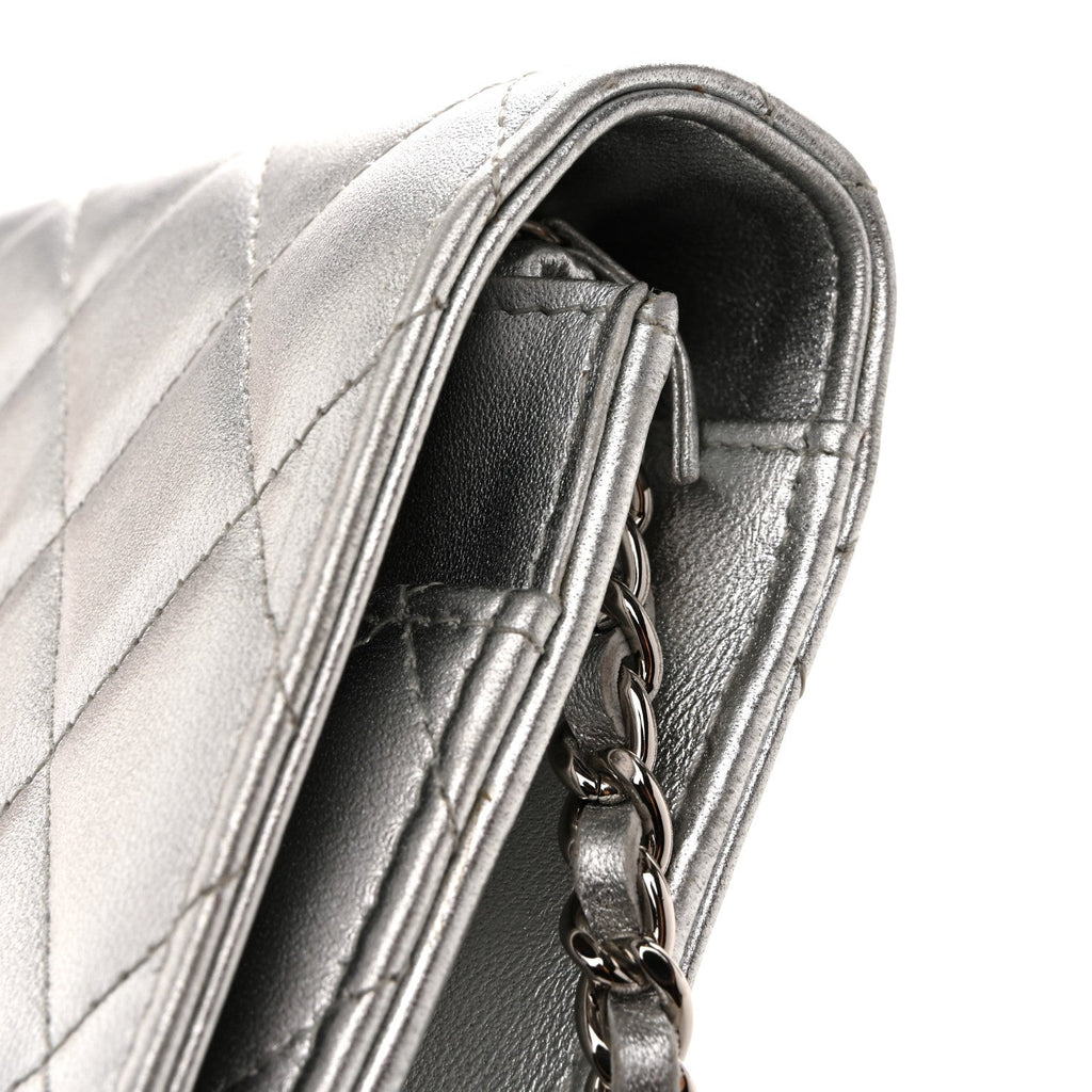 Metallic Lambskin Quilted Wallet On Chain WOC Silver