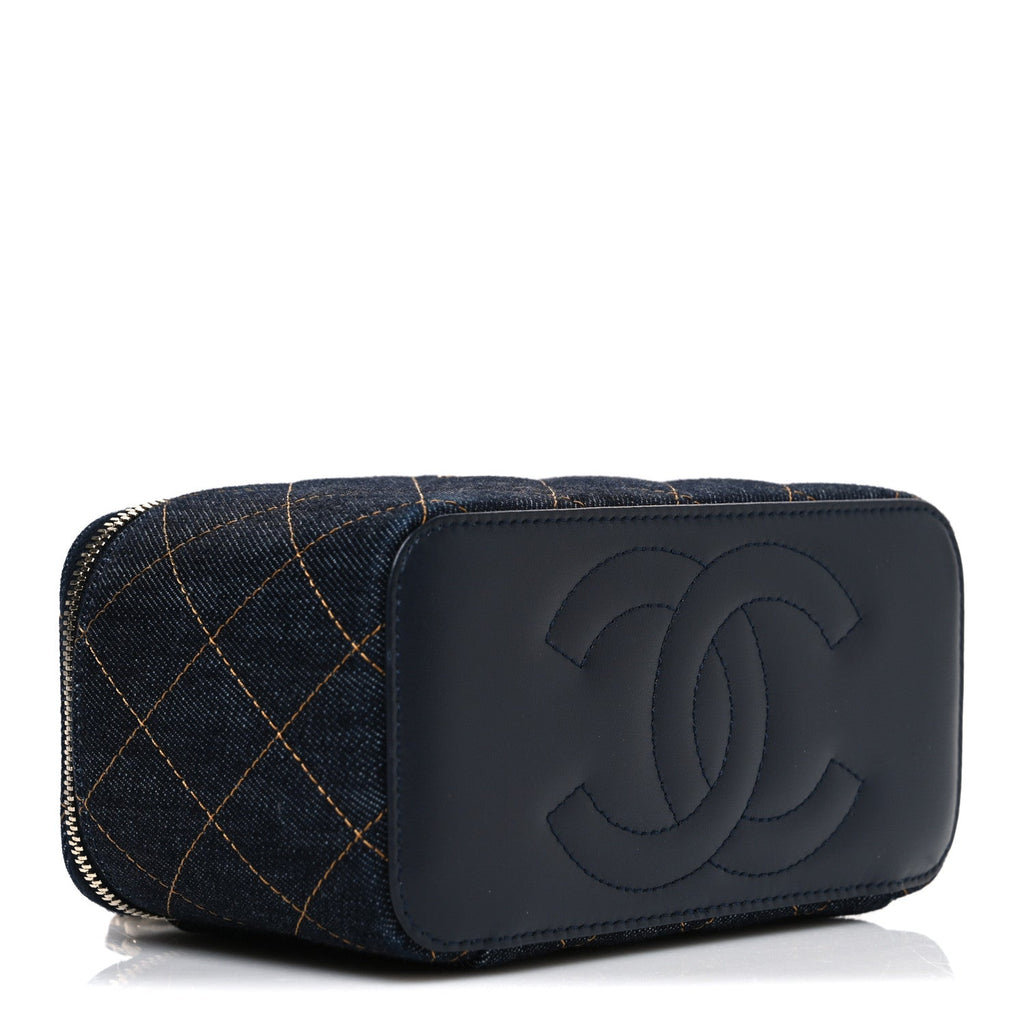 Denim Quilted Vanity Case With Chain Dark Blue Orange