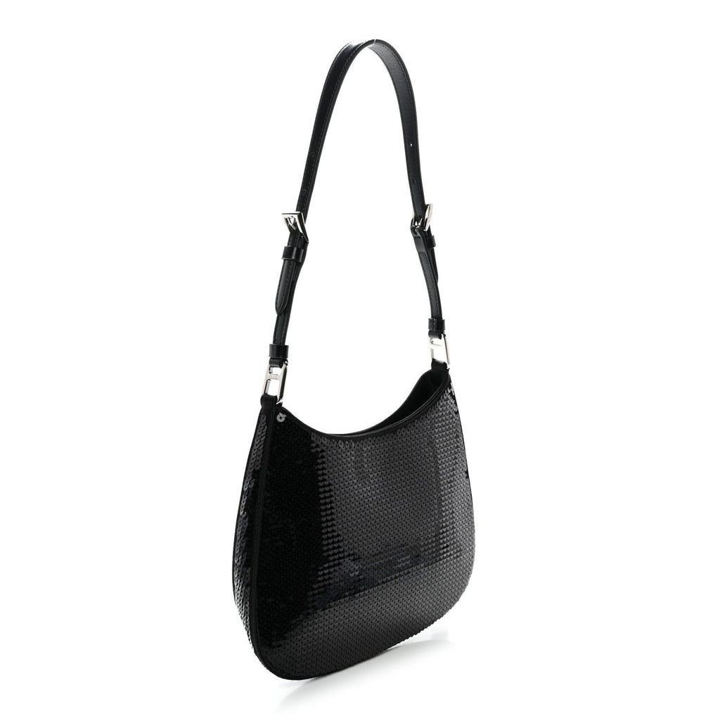 Paillettes Sequin Logo Cleo Adjustable Strap Shoulder Bag Black White