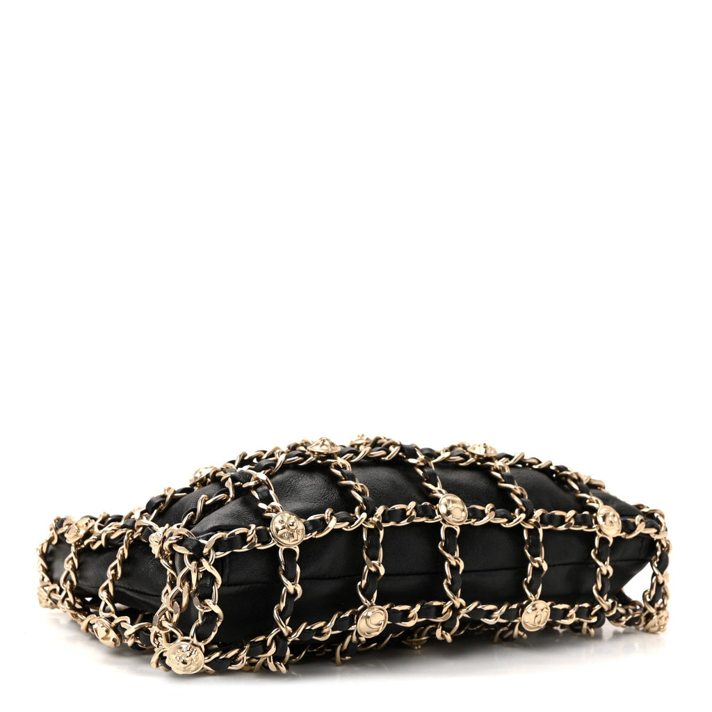 Lambskin Chain Frame Medallion Shoulder Bag Black