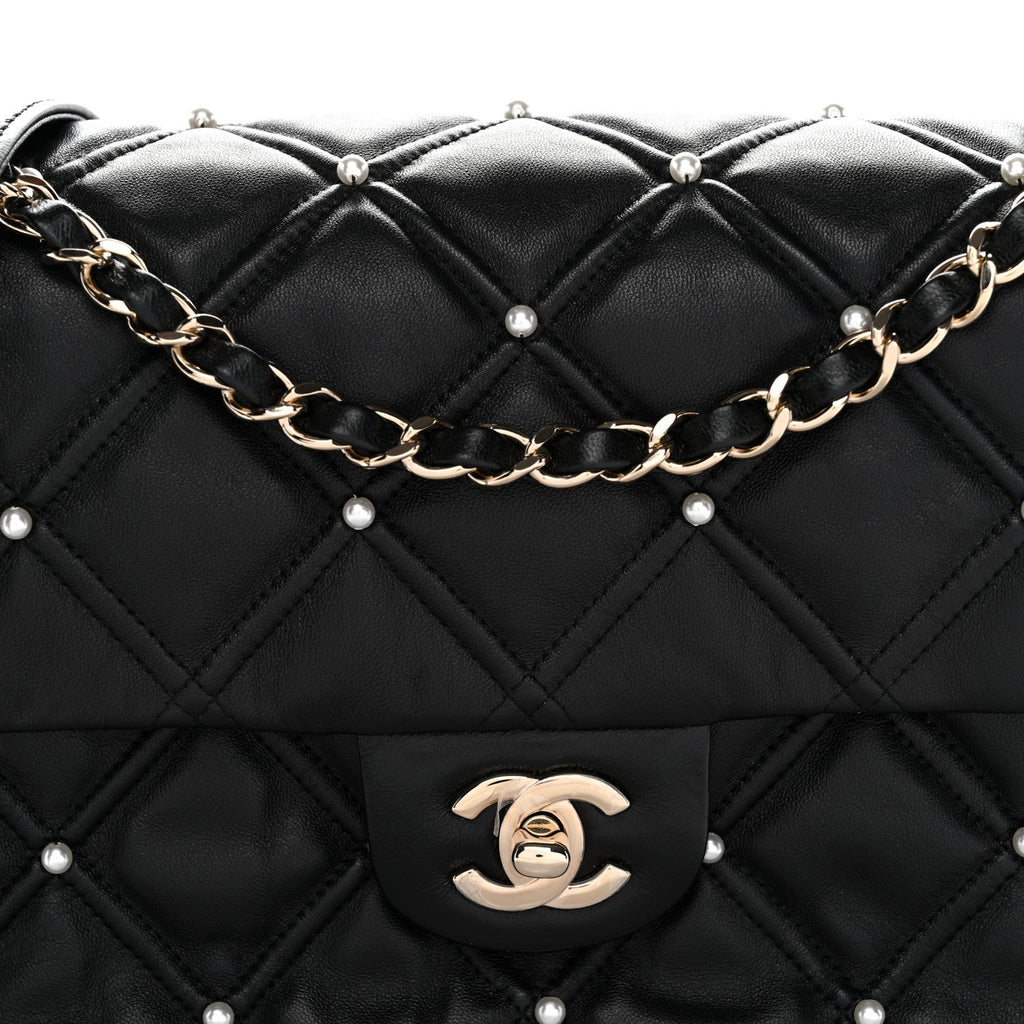Lambskin Quilted Pearl Studded Flap Black