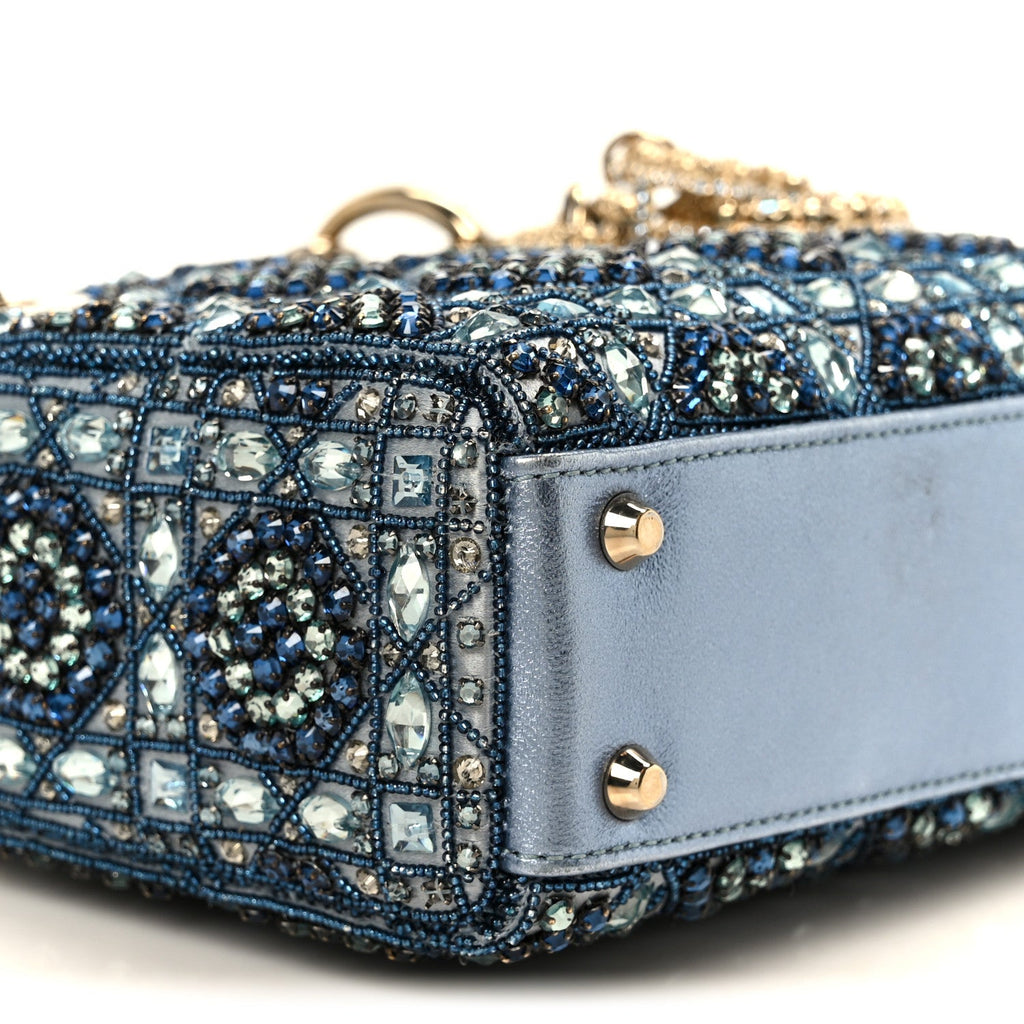 Metallic Calfskin Satin Celestial Bead Embroidery Cannage Mini Lady Dior Blue