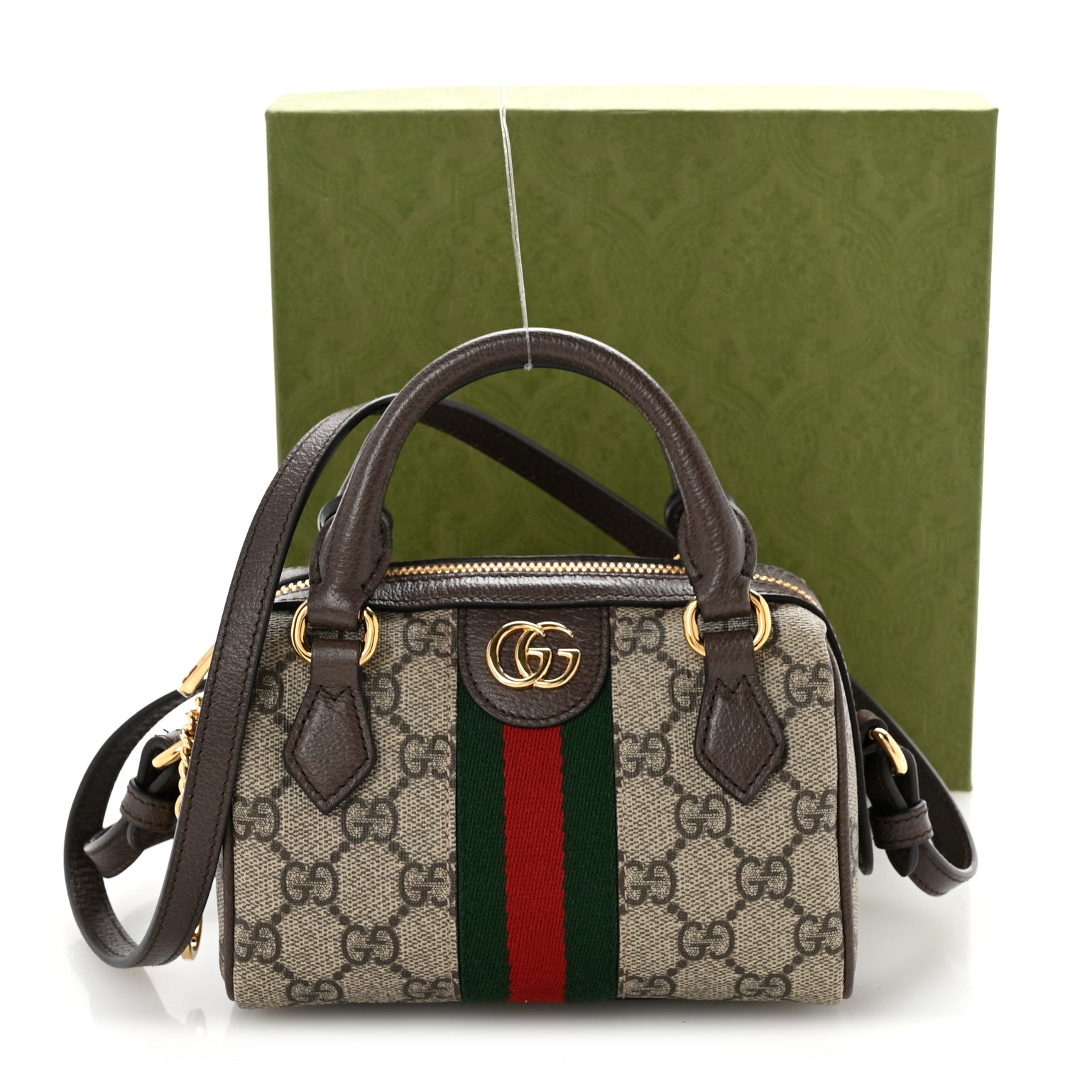 GG Supreme Monogram Textured Dollar Calfskin Web Super Mini Ophidia Top Handle Bowler Bag  Beige Ebony New Acero