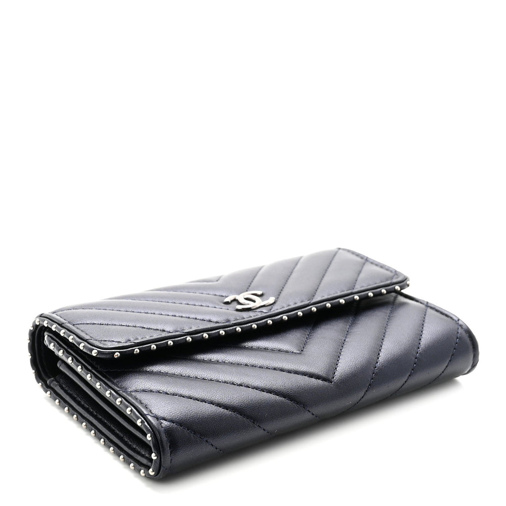 Lambskin Chevron Quilted Studded Small Flap Wallet Navy Blue